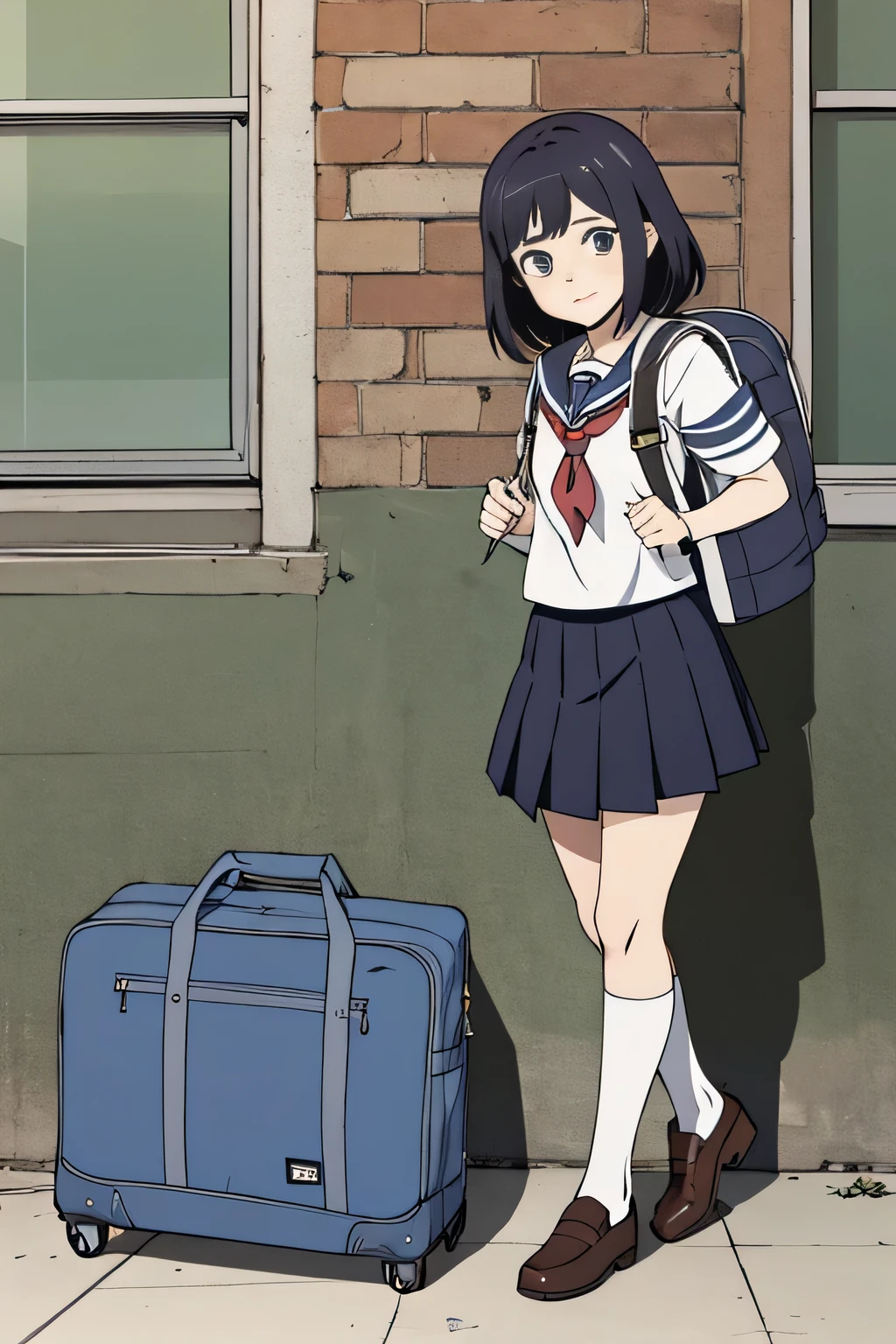 Una linda jovencita en su colegio, falda corta, capucha, zapatos y medias, muy Kawai, estilo anime, con su mochila