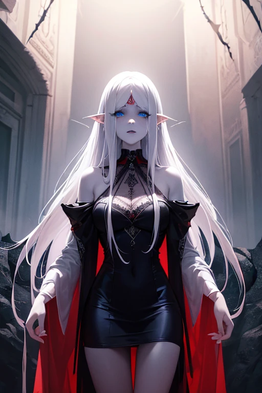 (highres:1.2), ultra-detailed, realistic, girl, long white hair, wide ears, blue eyes, red Egyptian makeup , short dress, scary, detailed facial features, pale skin, dark surroundings, eerie atmosphere, mysterious lighting, horror art style, emphasized shadows, spooky ambiance
