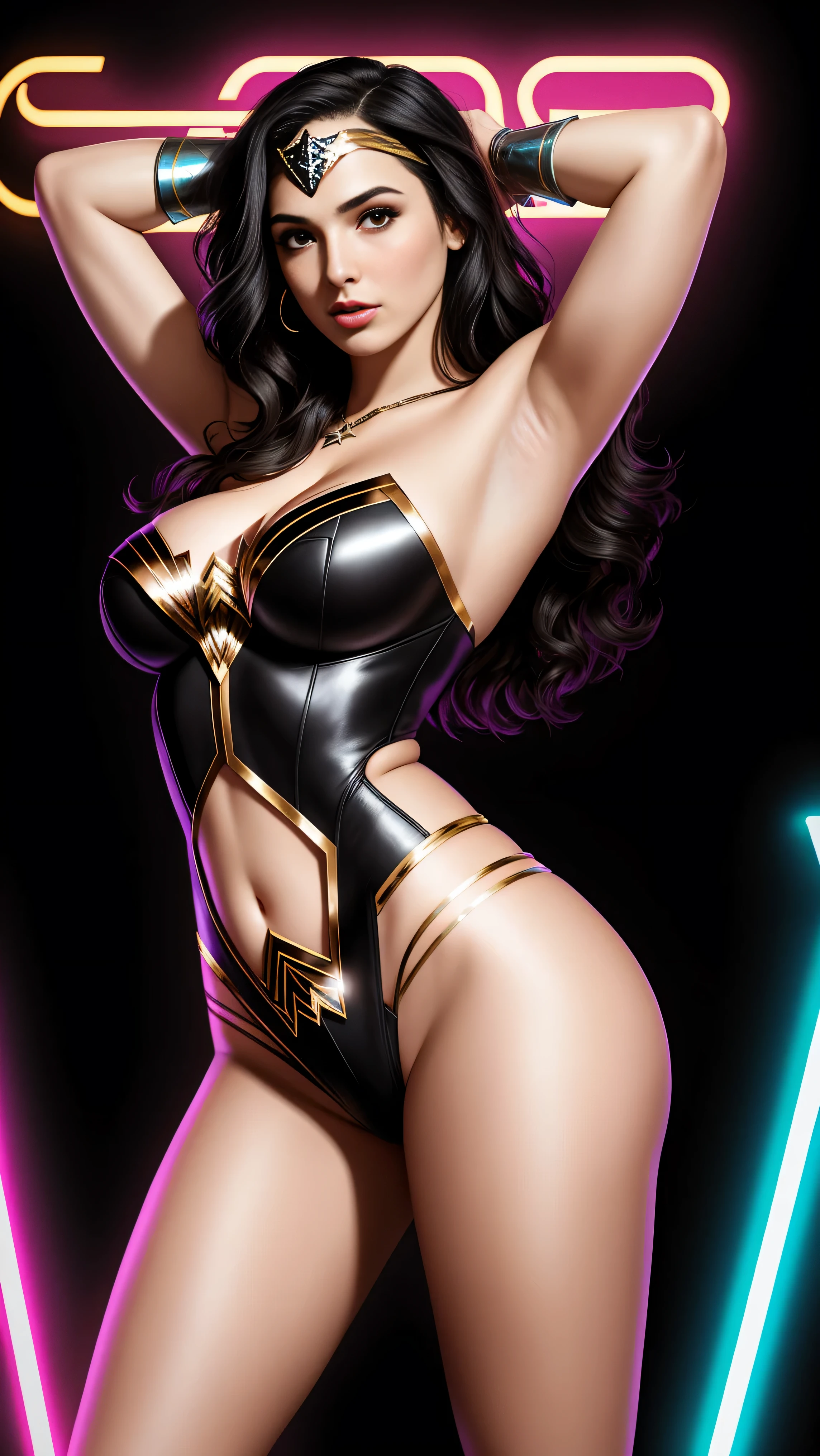 there is Gal Gadot as Wonder Woman standing, 3 d neon art of a womans body, neon-noir background, cyberpunk femme fatale, seductive cyberpunk dark fantasy, cyberpunk strip clubs, cyberpunk 20 y. o model girl, oppai cyberpunk, banner, high definition cgsociety, cgsociety masterpiece, trending on cgstation, kda, random hair, looking at camera, gigantic breasts, cleavage, (high detailed skin:1.2), 8k uhd, dslr, super lighting, high quality, film grain, high res, highly detailed, hyper realistic, beautiful face, beautiful body, beautiful eyes nose lips, alluring expression, very bold, upper  visible, full body photo, standing legs apart, pale translucent glowing skin, most beautiful face, cute, (well defined pubic hair:1.2)), (dark plain black background:1.4))