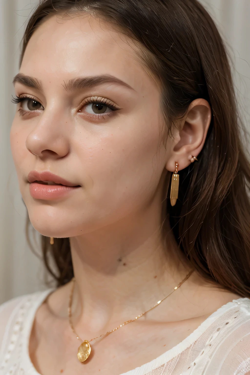 ((best quality)), ((masterpiece)), (detailed), perfect face, a woman wearing a white top and gold earrings with a chain, gold earring, an earring, earings, earring, earrings, golden earrings, multiple earrings, intricate thin details in gold, giant earrings, by Emma Andijewska, with small studded earings, huge earrings, soft and intricate, delicate detailing golden stroke, thin round earrings, big earrings