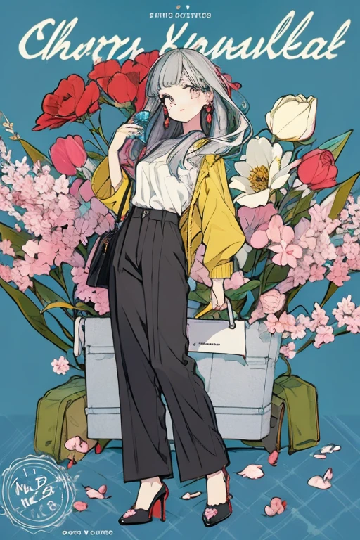 (masterpiece:1.2), highest quality,pixiv,sweet girl , 1 girl, flower, cup, have, bob hair, gray hair, bag, high heels, food, jewelry, earrings, looking at the viewer, smile, holding, long hair, inner color、alone, fruits, pants style, flower柄のshirt、handbag, gray eyes, Colorful shoes, bird, yellow flower, envelope, english text, full body, white flower, shirt,Are standing, cherry blossoms、colorful background、