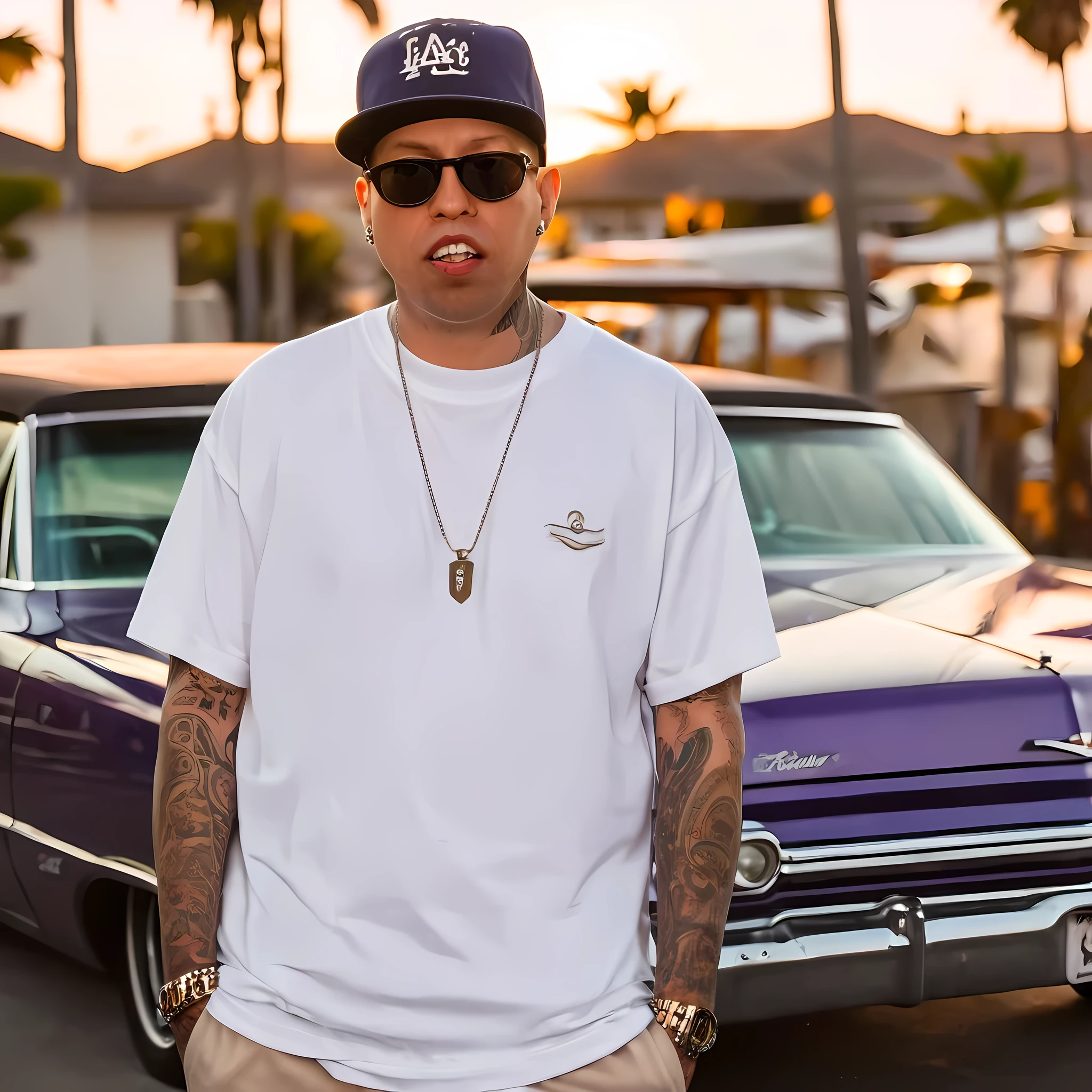 coopie, a 90s style west coast gangster with tattoos on face, tattoo over left eye, wearing white t-shirt, backwards hat, baggy tan khaki pants, white sneakers, face tattoos, neck tattoos, full body, tattoos, wearing a beanie and sunglasses, snarled lip, raised eyebrow, aggressive look, lowriders in the background, lowrider bikes in the background, depth of field, god rays, masterpiece, highres, super detail, accurate, no red, no blue, no purple, no yellow, palm trees, beach sunset, multiple views