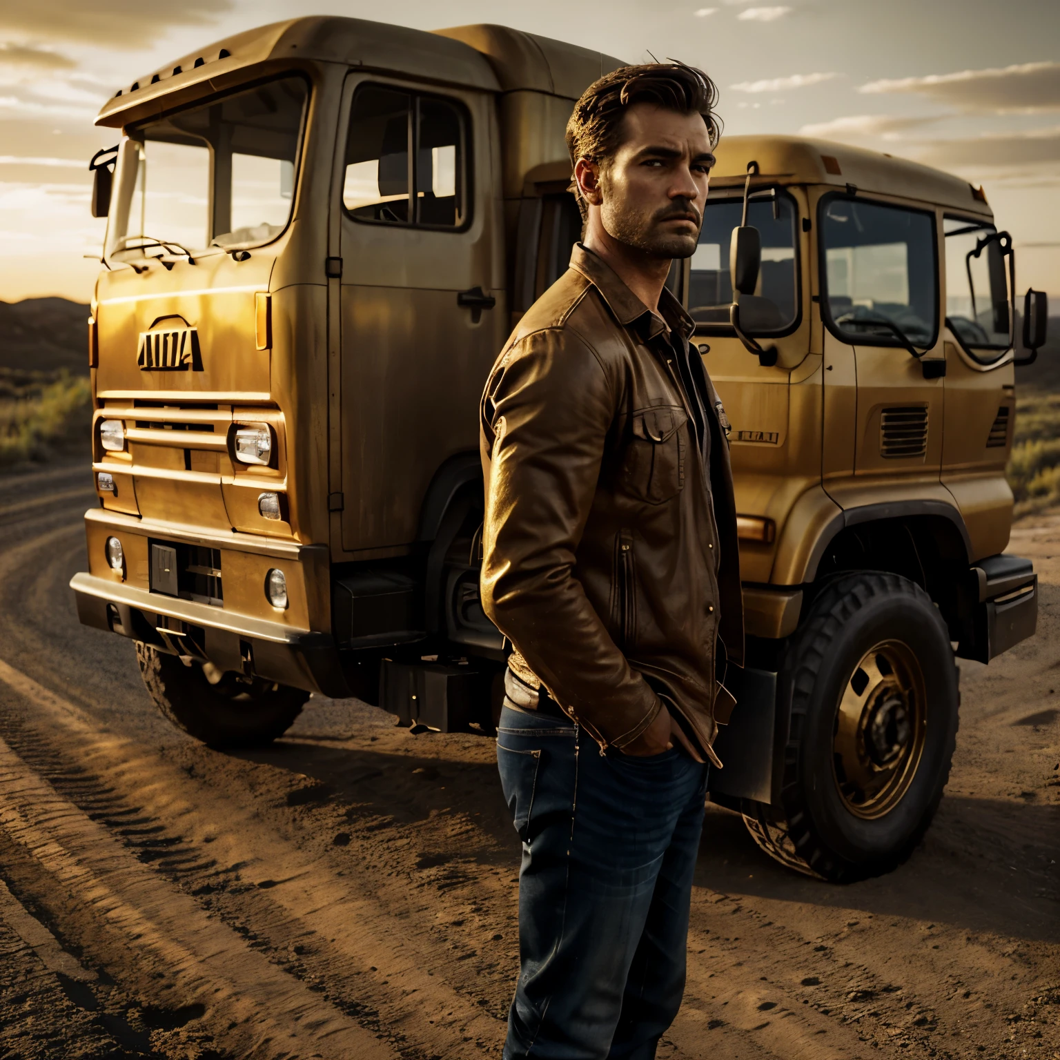 (Best quality, Ultra-detailed, Golden ratio, Masterpiece: 1.1), cinematic, a man, dressed in a well-fitted, sophisticated suit, standing next to a massive, shiny, rustic truck, (stubble: 0.8), (hands on hips: 0.5), all-terrain boots, weathered jeans, confident expression, sunset background, rough texture, (high contrast: 1.3), shallow depth of field, (dusty road: 1.2), Photorealistic, film grain, side view, focus on the man's face, strong jawline, furrowed brow, (rugged features: