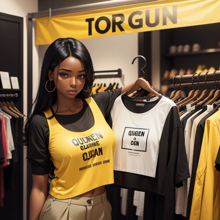 A black skin with black hair woman wearing a yellow top with black trouser inside a boutique with a sign at her side saying queen uc classic in english