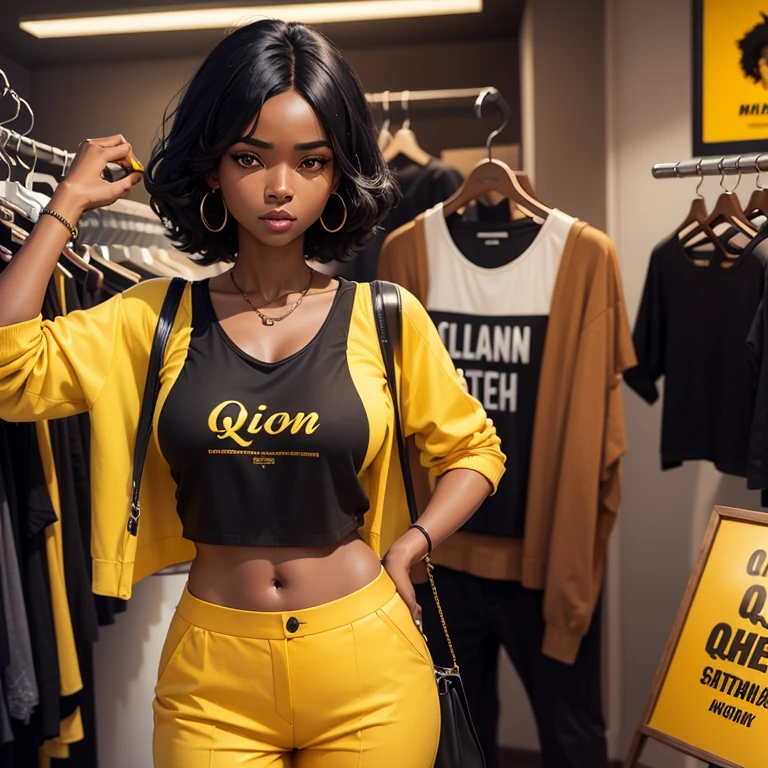 A black skin with black hair woman wearing a yellow top with black trouser inside a boutique with a sign at her side saying queen uc classic in english