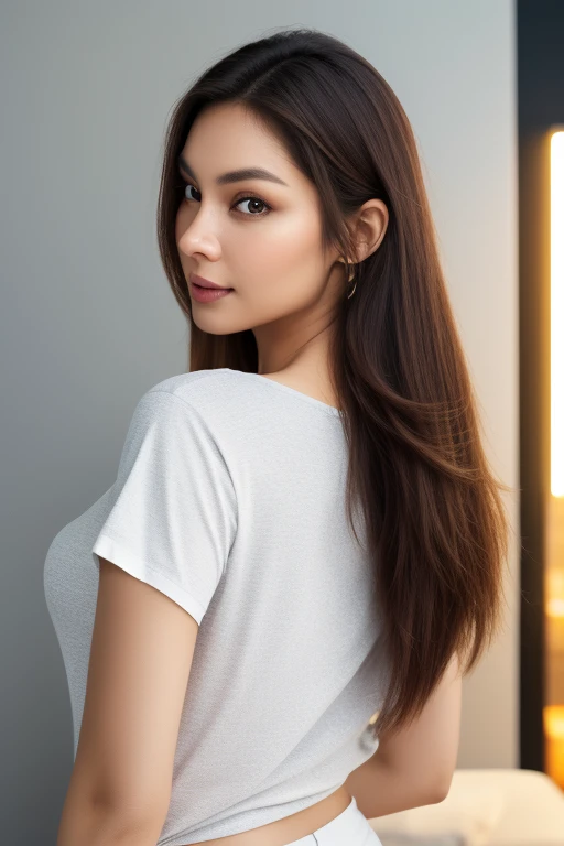 a woman, Smooth bright lighting, Improved lighting quality, 32K, 1 woman, 25-years old, straight haired, Realistic lighting, Back lighting, Facial Lights, Ray tracing, Quality Improvement, Realistic textured skin of the highest quality, fine detailed eyes, A detailed face, Fine quality eye, Close-up from waist up pose, small breasts of good shape, tshirts, enhance the atmosphere of body line, Increase the beauty of skin texture, pose 1.4 to camera , various shot angle 