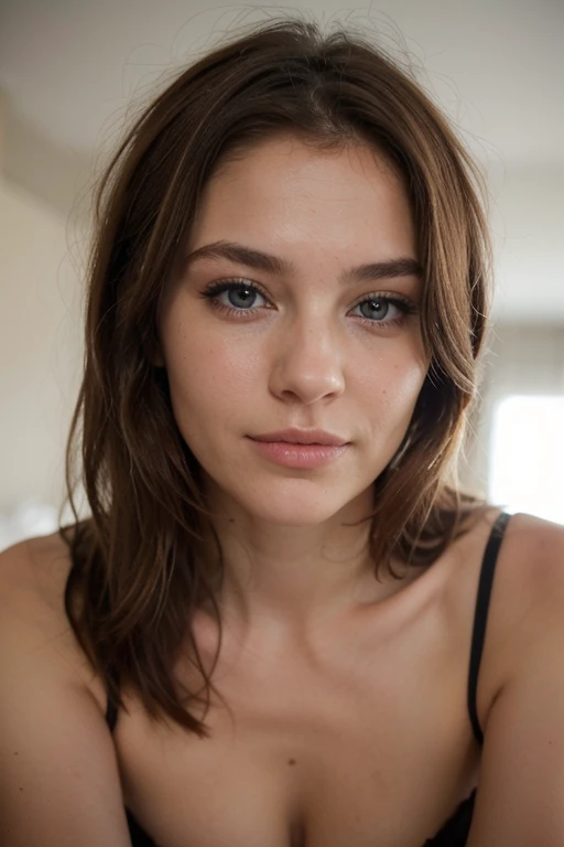 Blonde avec yeux bleus,avec les cheveux long beau et soigné elle nous regarde de face