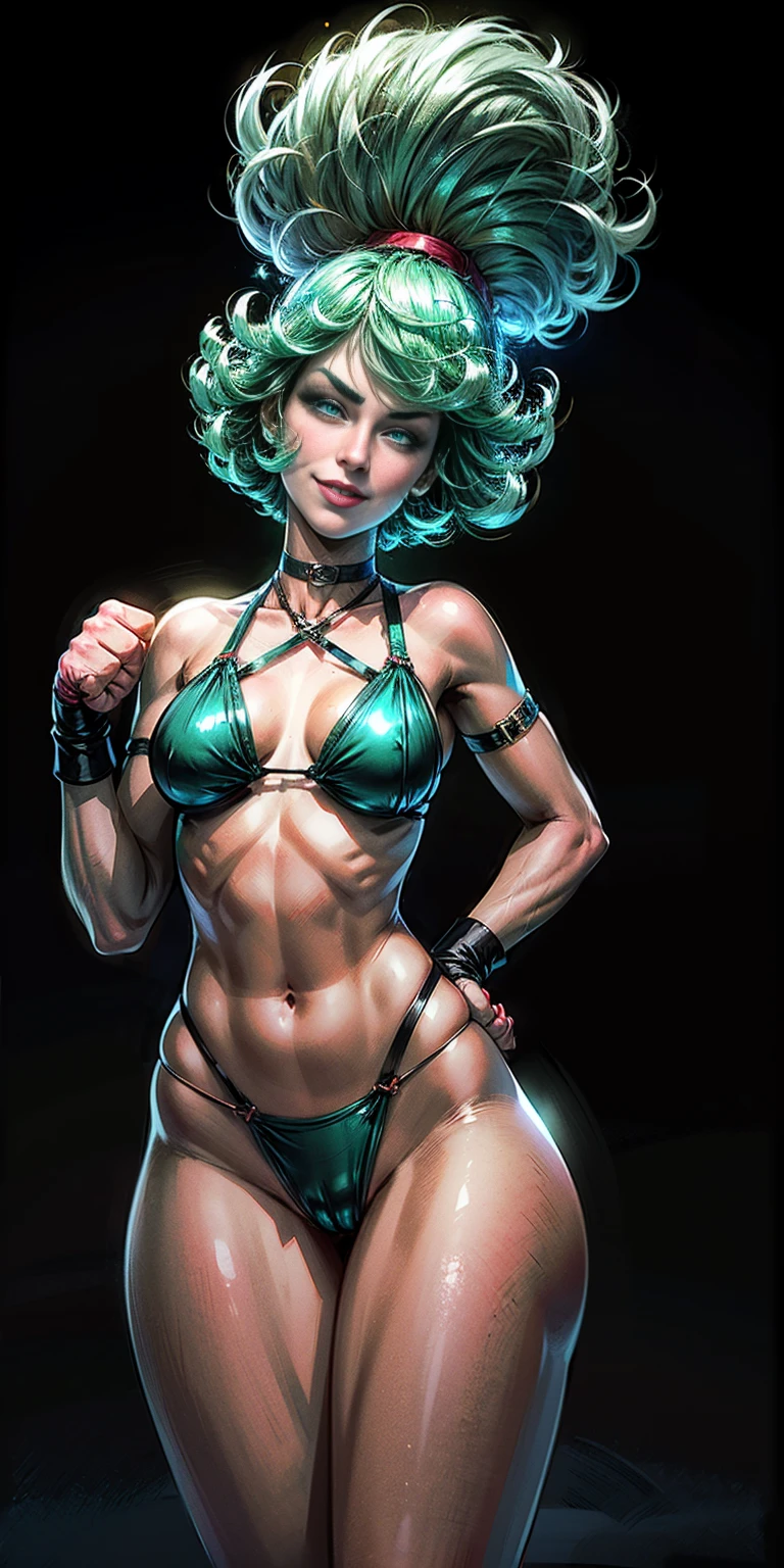 ((black background)) Tatsumaki kneel on WHITE sheet, short bob hair green hair, GREEN EYES, yello bikini, flight attendance hat, leather choker collar slave, lustful smirking smile face red blushed red cheeks, (hands on hips, clenching fist 👊 ✊️)