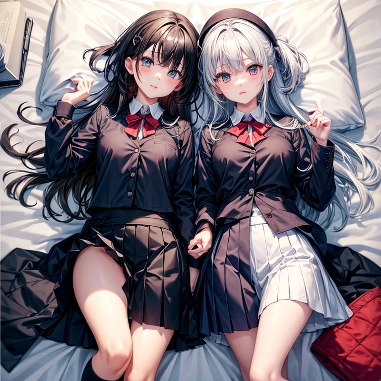 best quality，8K，smile，cardigan，leather jacket，uniform，blazer，いuniform，cardigan，Girls hugging each other，bed，Boyfriend&#39;s house，Evolution Fashion，future fashion，blazer，ribbon on uniform，mini skirt，high school girl，multiple girls are depicted，harem，idol group，photo shoot，long hair，wearing a cardigan，highest quality，big breasts，happy girl,horny girl，pink eyes，perfect face，standing position，I have my hands in my pockets，letting down one&#39;s Bangs，beautiful eyes,gym,girls hugging each other,smooth hair，multicolored hair colors，naughty girl，beautiful girl，beautiful girl，loose socks