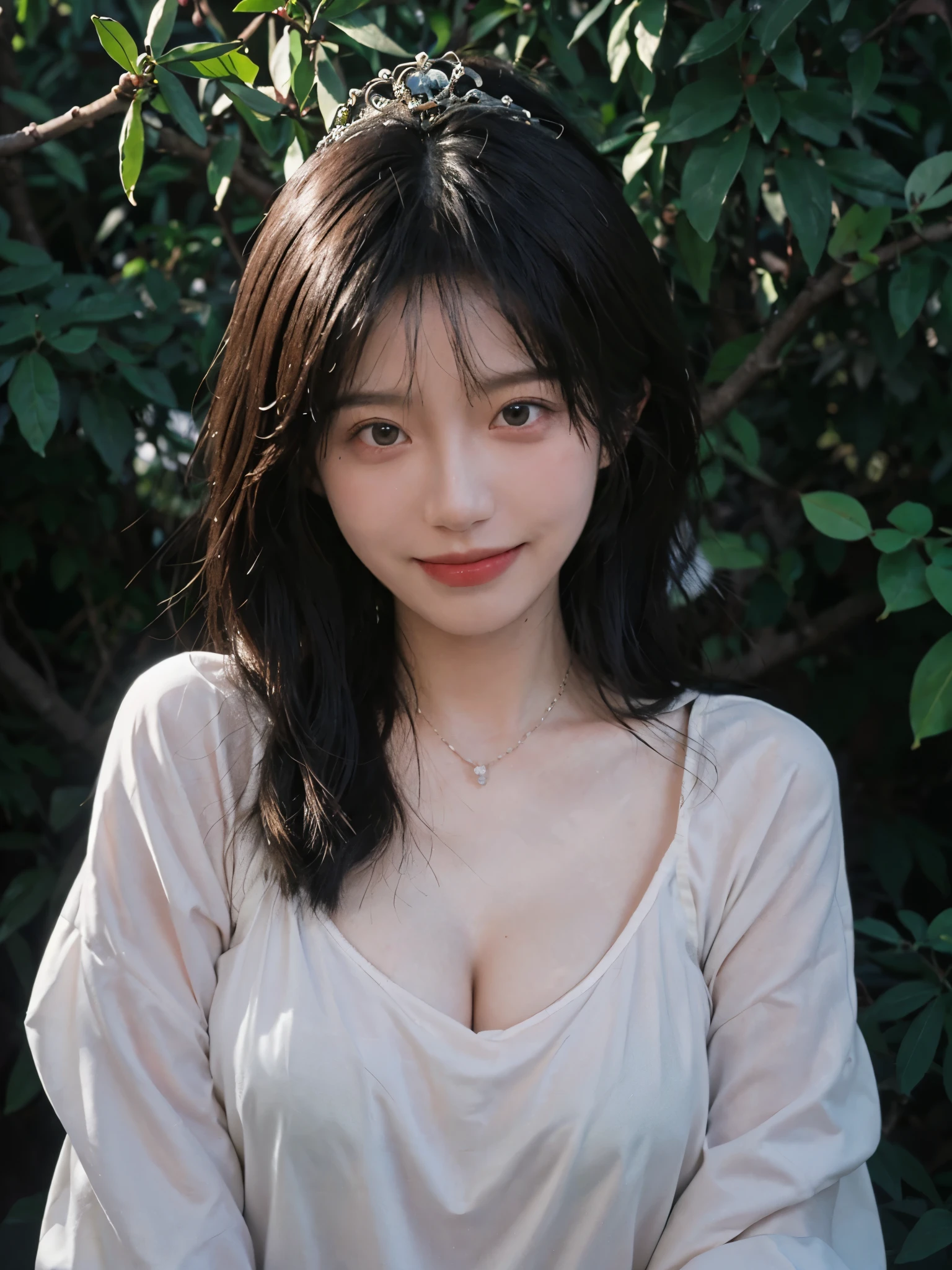 best quality, ultra high resolution, (realistically:1.4), Cute tiara,Baoyu Girl, A pair of clear and charming peach blossom eyes,Royal sister,The sun shines on the face,Long curly hair,(In the forest:1.4),(necklace:1.2),(White skin:1.4),(Full body female love:1.2)a sense of atmosphere,a beautiful girl, Smile,Looking directly at the viewer, Close-up cleavage ,(lifelike:1.4),1 girl,Sexy,(Upper body:1.4),(wet),(:1.2)