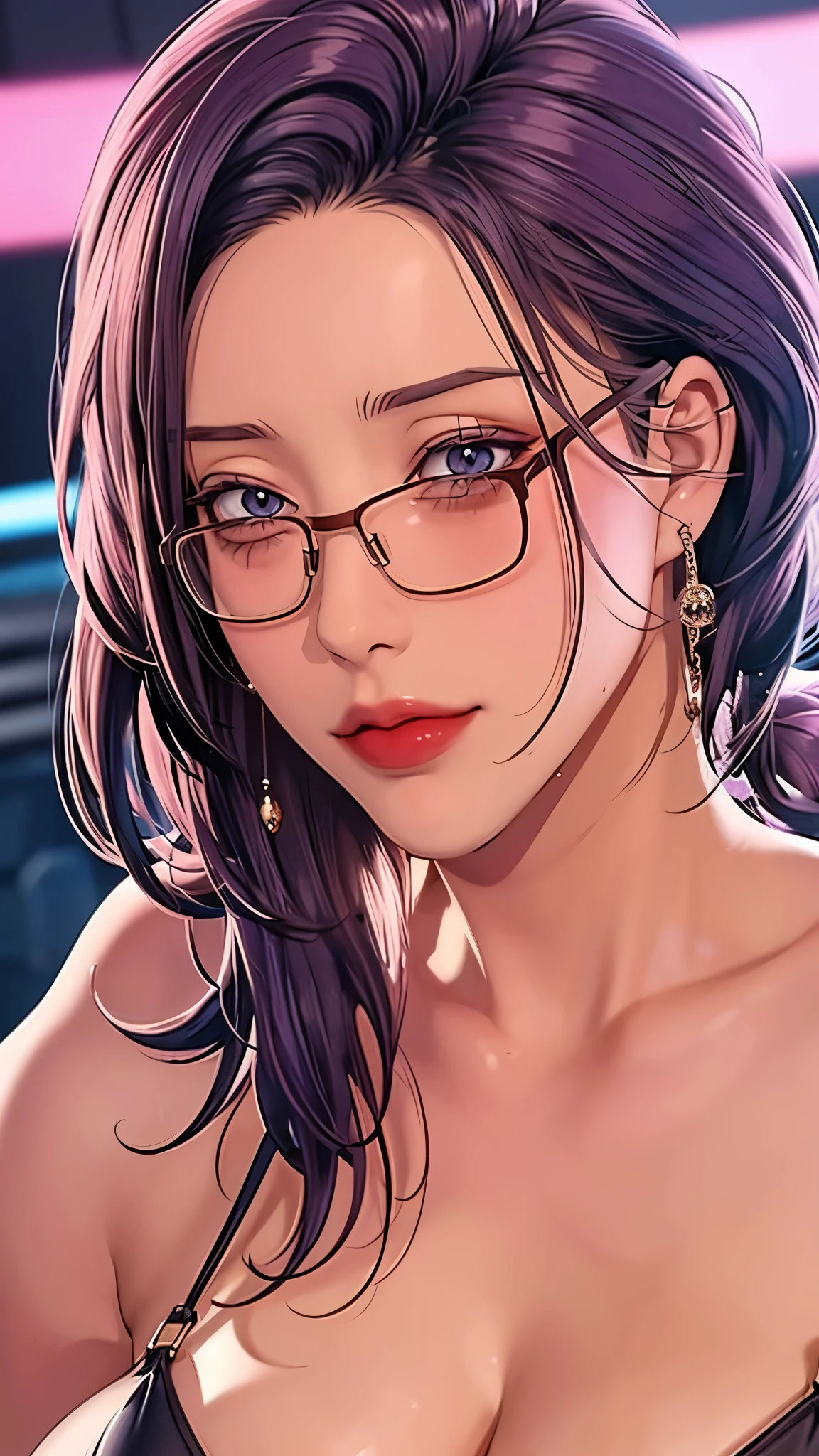 （（（完美figure，figure， （（（JMT,Glasses,purple hair,short hair,purple eyes,）））型figure:1.7））），((masterpiece)),high resolution, ((Best quality at best))，masterpiece，quality，Best quality，（（（ Exquisite facial features，looking at the audience,There is light in the eyes，Happy，***********nterlacing of light and shadow，huge boobs））），（（（looking into camera，)）））