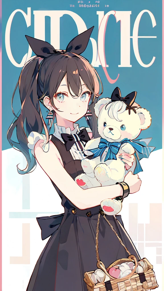 (masterpiece:1.2), highest quality,pixiv,sweet girl portrait, 1 girl, teddy bear, うさぎのstuffed toy, stuffed toy, alone, holding, have, holding stuffed toy, heart, bow, hair ornaments, sign, earrings, jewelry, Upper body, striped, Black headband, looking at the viewer, have bow, closed mouth, bangs, bare shoulders, hair between eyes, box,, brand hair, striped bow, gift, blue eyes, garden background, Alice, chocolate, ribbon, Braid, nail polish, shirt, wrist cuffs, gift 箱, black bow, Blue dress, white apron、two tone background, vertical stripes, hair ring, smile, long hair
、full body、Are standing、