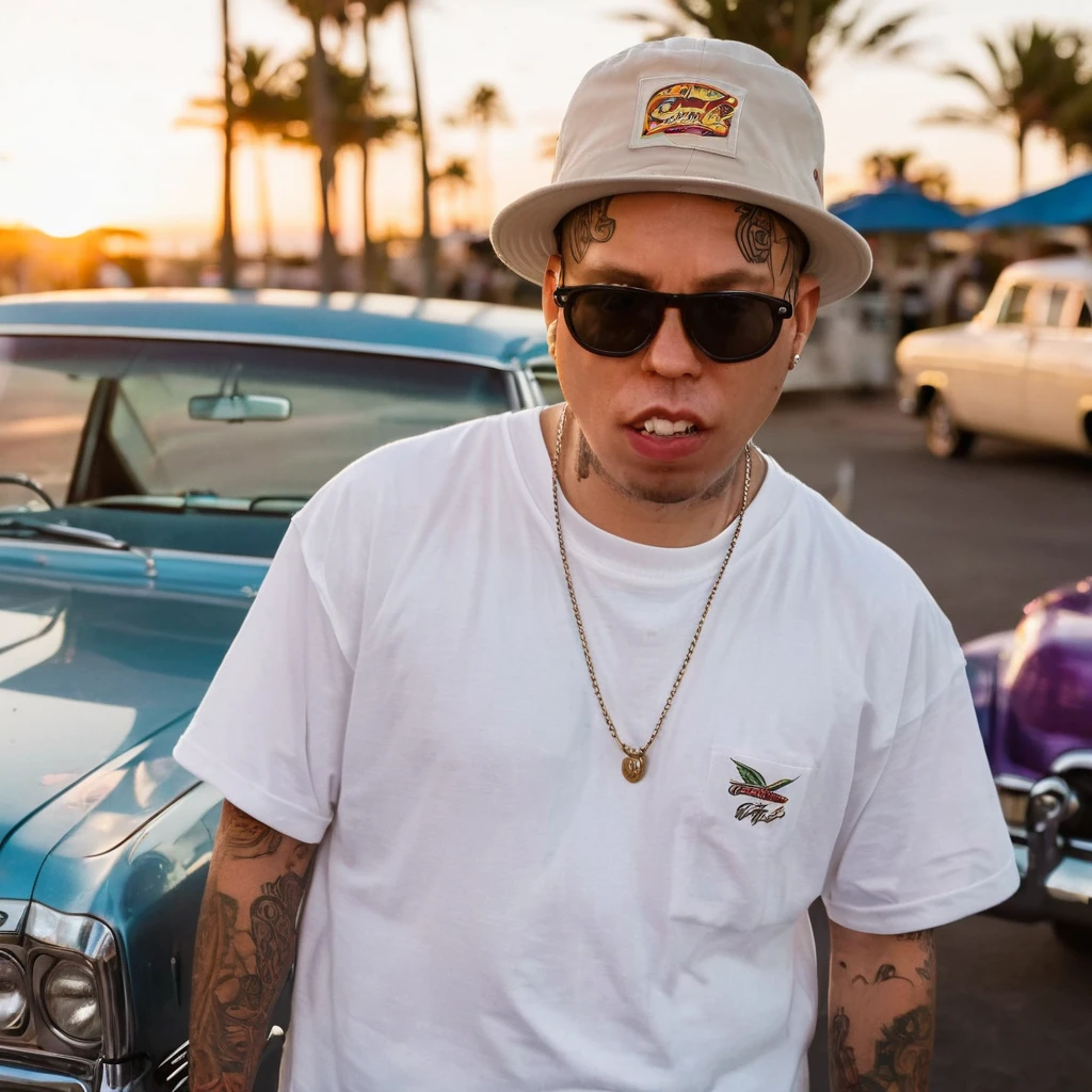 coopie, a 90s style west coast gangster with tattoos on face, tattoo over left eye, wearing white t-shirt, bucket hat, baggy tan khaki pants, white sneakers, face tattoos, neck tattoos, full body, tattoos, wearing a beanie and sunglasses, snarled lip, raised eyebrow, aggressive look, lowriders in the background, lowrider bikes in the background, depth of field, god rays, masterpiece, highres, super detail, accurate, no red, no blue, no purple, no yellow, palm trees, beach sunset, multiple views