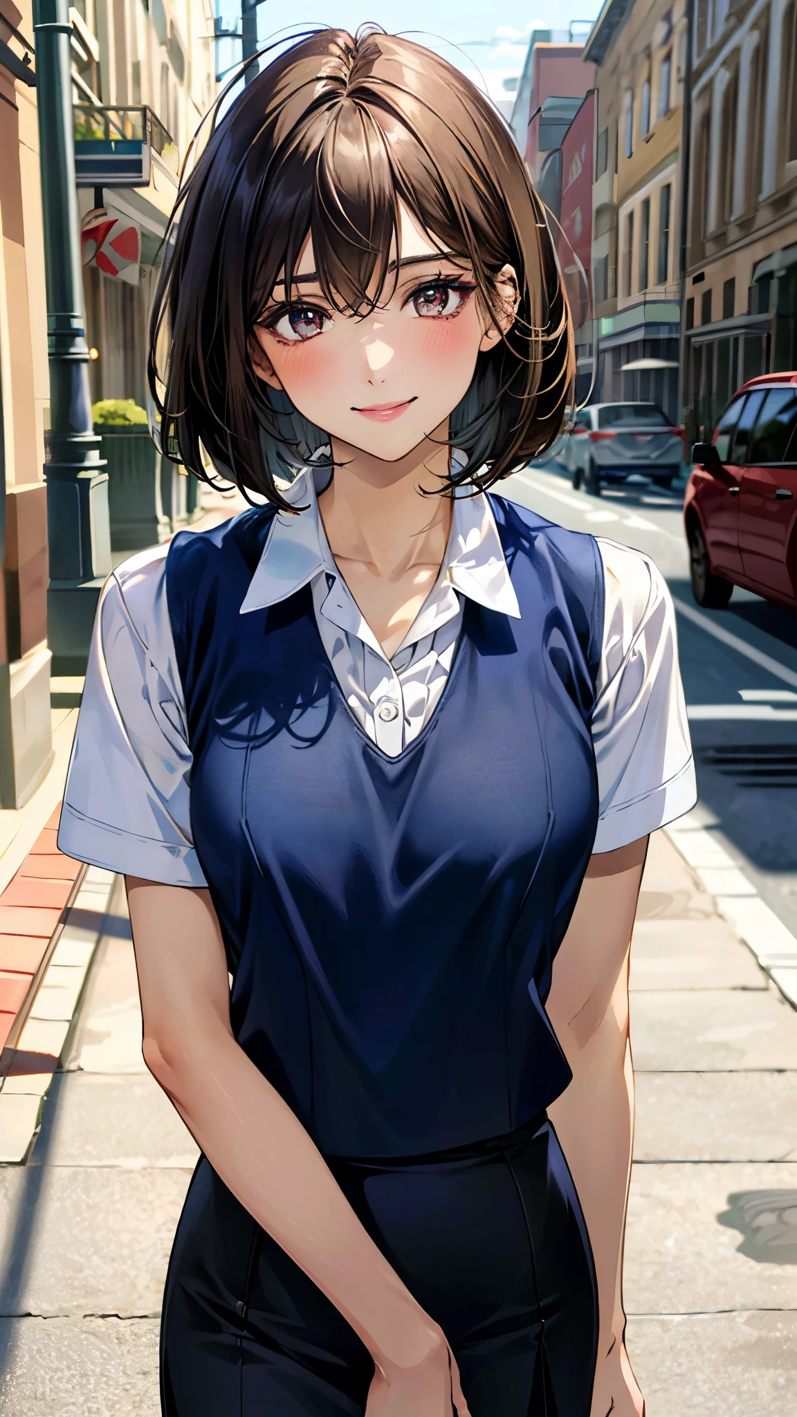 (masterpiece:1.2, top-quality, ultra high res, ultra detailed), (realistic, photorealistic:1.4), beautiful illustration, perfect lighting, natural lighting, colorful, depth of fields,
beautiful detailed hair, beautiful detailed face, beautiful detailed eyes, beautiful clavicle, beautiful body, beautiful chest, beautiful thigh, beautiful legs, beautiful fingers,
looking at viewer, 1 girl, high school girl, perfect face, (perfect anatomy, anatomically correct), cute and symmetrical face, babyface, , shiny skin,
(short hair:1.5, bob cut:1.5, messy hair, light brown hair), hair between eyes, red-brown eyes, drooping eyes, big eyes, long eye lasher, (medium breasts), slender,
((navy outfit, navy suit vest, short sleeve collared white shirt, navy tight skirt)),
(beautiful scenery), evening, (downtown), (happy smile),