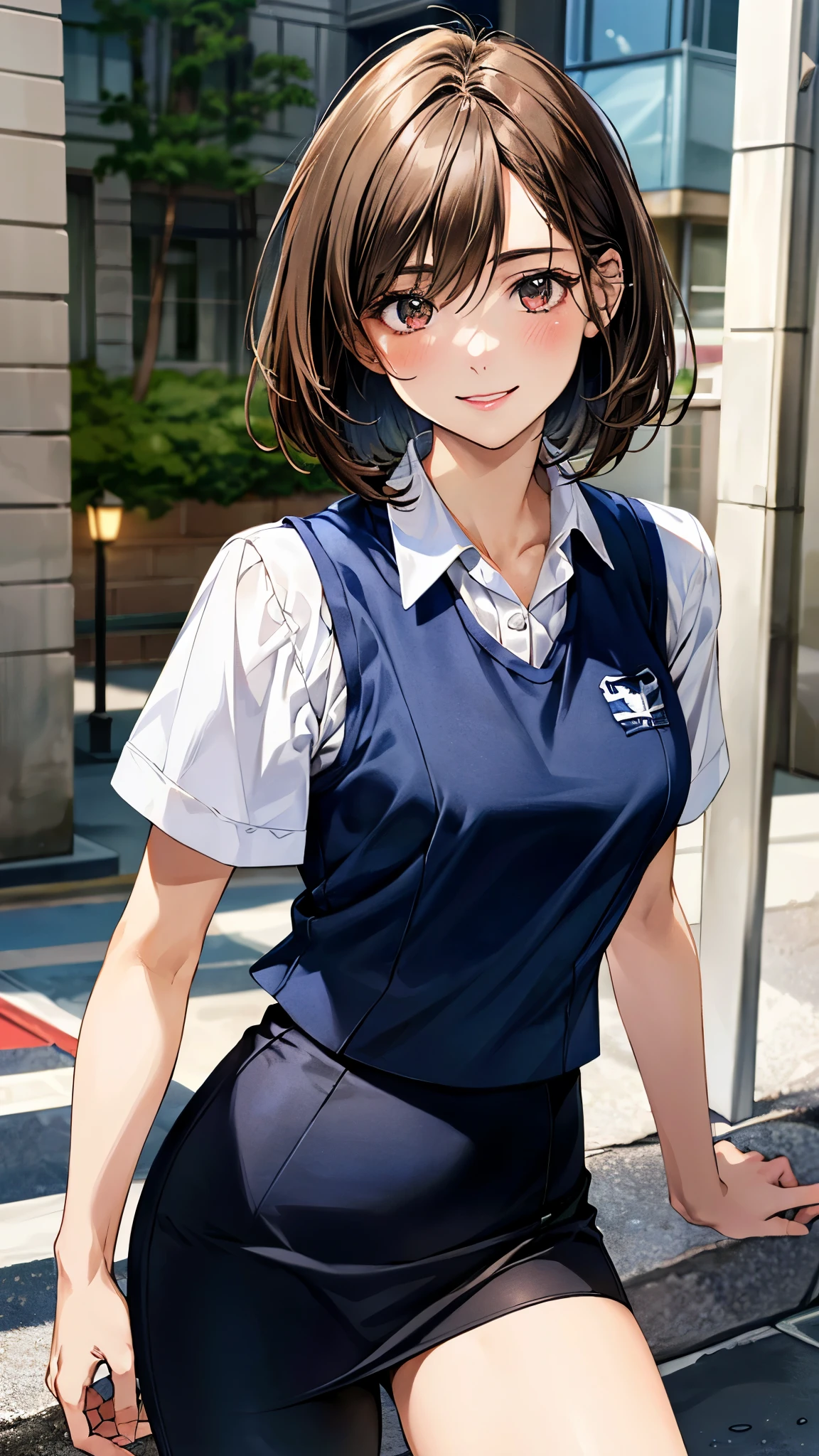 (masterpiece:1.2, top-quality, ultra high res, ultra detailed), (realistic, photorealistic:1.4), beautiful illustration, perfect lighting, natural lighting, colorful, depth of fields,
beautiful detailed hair, beautiful detailed face, beautiful detailed eyes, beautiful clavicle, beautiful body, beautiful chest, beautiful thigh, beautiful legs, beautiful fingers,
looking at viewer, 1 girl, high school girl, perfect face, (perfect anatomy, anatomically correct), cute and symmetrical face, babyface, , shiny skin,
(short hair:1.5, bob cut:1.5, messy hair, light brown hair), hair between eyes, red-brown eyes, drooping eyes, big eyes, long eye lasher, (medium breasts), slender,
((navy outfit, navy suit vest, short sleeve collared white shirt, navy tight skirt)),
(beautiful scenery), evening, (downtown), (happy smile),