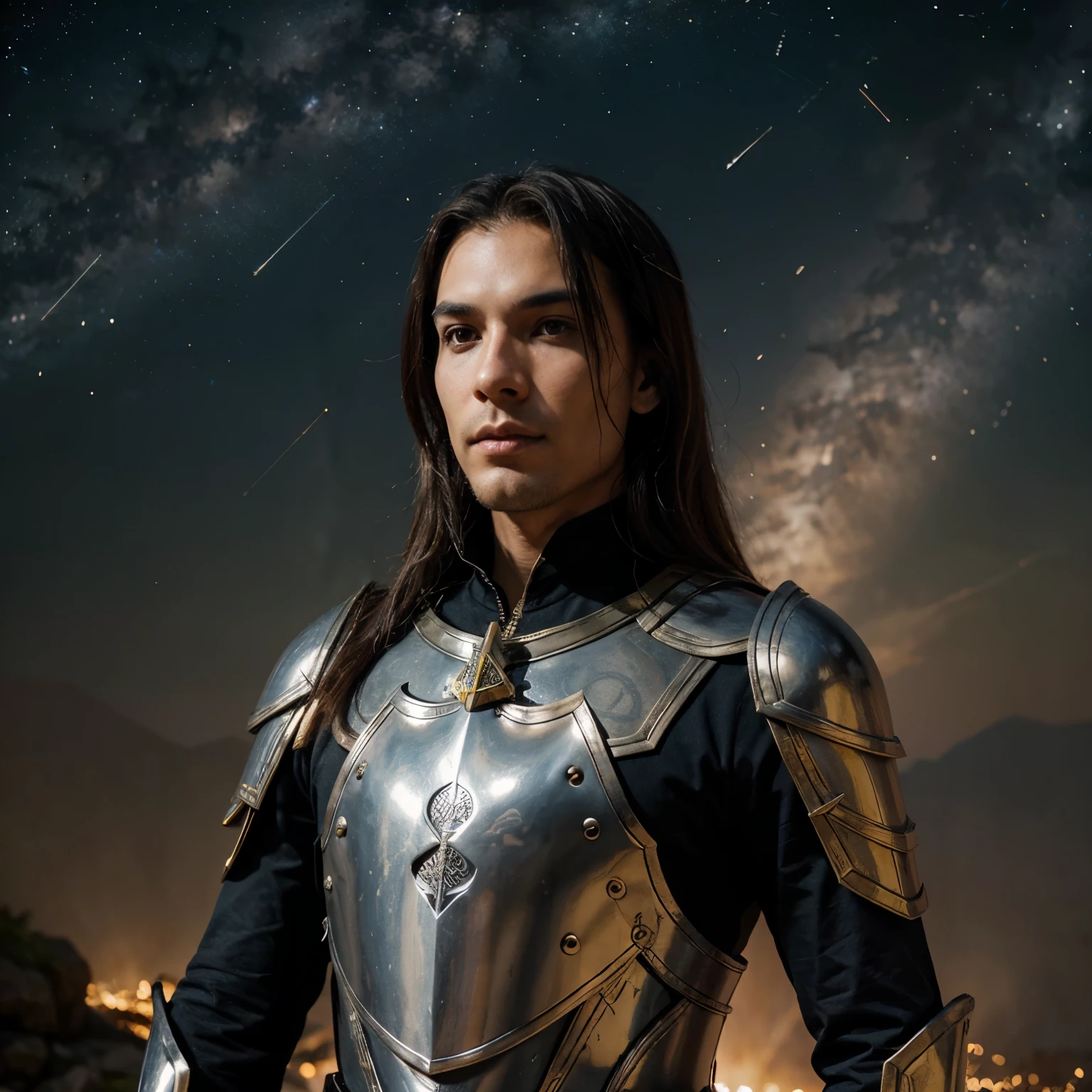 Create a dramatic and captivating YouTube thumbnail for a song titled 'Guardian with a Sword.' The scene should depict a valiant warrior standing tall with a gleaming sword, symbolizing bravery and love. The warrior should be dressed in armor with a strong, determined expression, with a starry night sky or moonlit background. The warrior's heart is symbolically drawn like an arrow, pointing towards the viewer, emphasizing the emotional core of the song. Include bold, impactful text overlay that says 'Guardian with a Sword - New Song!' Use a dark and intense color scheme with contrasting bright highlights to grab attention.