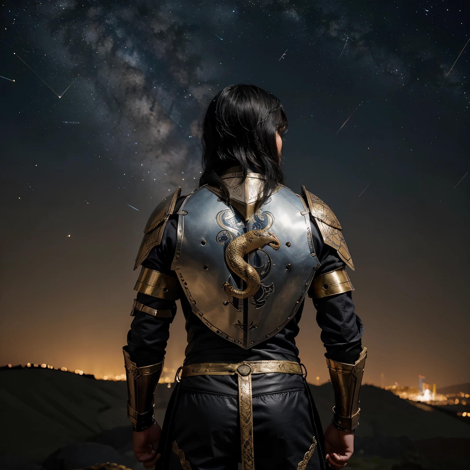 Knights of the Zodiac, homem, alto e magro, Knights of the Zodiac Armor, anime Knights of the Zodiac, knights of the zodiac manga, Serpent constellation, zodiac knight serpent armor, serpent bronze armor knights of the zodiac, corpo inteiro, black hair down to the middle of the back, tiara da armadura de bronze de serpente destacando as presas, capa, fundo Serpent constellation cavaleiros do Zodíaco