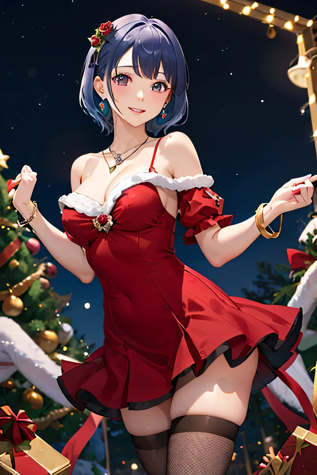 1 girl, bangs, blue hair, bow, box, bracelet, Christmas, Christmas tree, cowboy shot, dress, earrings, fishnet, flower, gift, gift box, hair ornaments, hamel, jewelry, looking at the viewer, colorful hair, necklace, pantyhose, parted lips, purple eyes, red dress, ribbon, Rose, short hair, smile, alone, Thighhighs