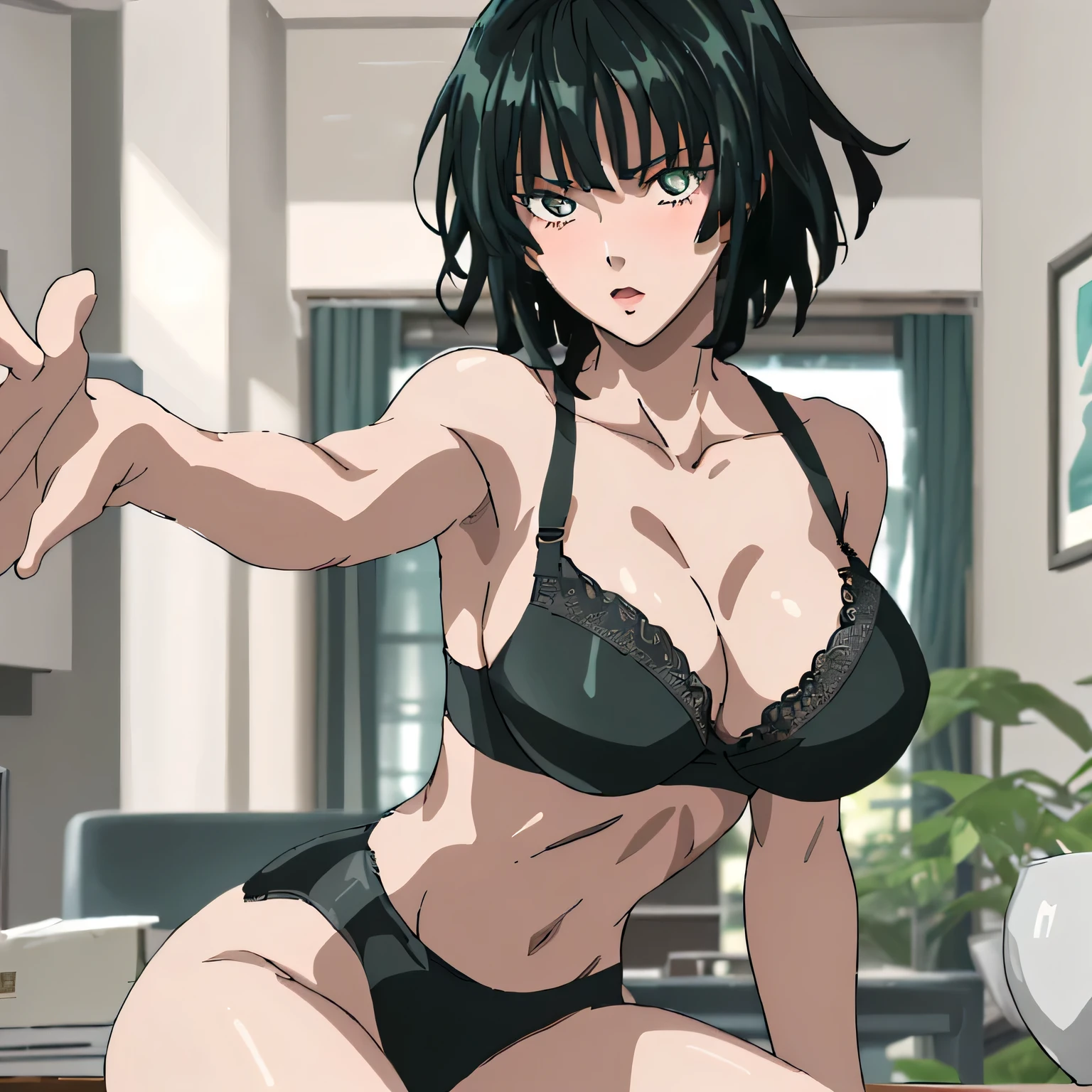 1 girl, Fubuki With her narrow waist delicately contrasting her sexy hips, the allure of her round ass cannot be denied. Daringly, she dons only a black bra and black underwear, turning towards the audience with a playful display of her derriere. she is in the provocative doggy style position atop a table, her body language exuding a sense of seduction. Yet, her youthful blush betrays her innocent side. This scene is a masterpiece, untouched by any blurring, smoothly rendered in HD for your unobstructed view