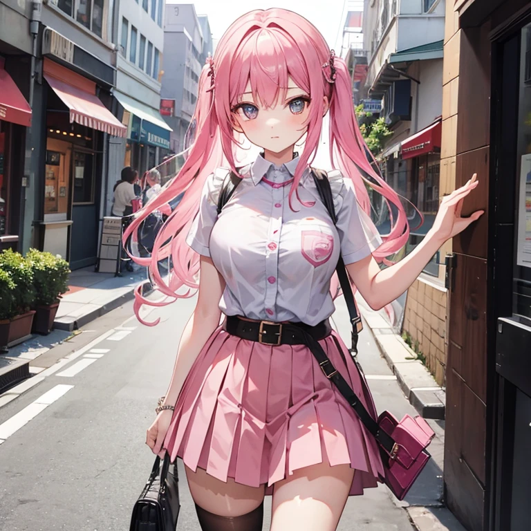 Girl, pink hair, extremely long hair, large breasts, extremely short pleated skirt, wearing a pink frilly micro bra