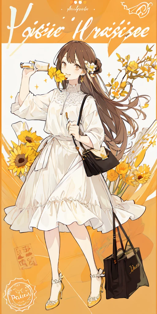 (masterpiece:1.2), highest quality,pixiv,sweet girl ,
1 girl, flower, cup, have, Braid, brown hair, bag, high heels, food, jewelry, earrings, looking at the viewer, smile, holding, long hair, inner color、alone, fruits,  fruits柄のパンツ, handbag, gray eyes, Colorful shoes, bird, yellow flower, envelope, english text, full body, white flower,  shirt,Are standing, 
 