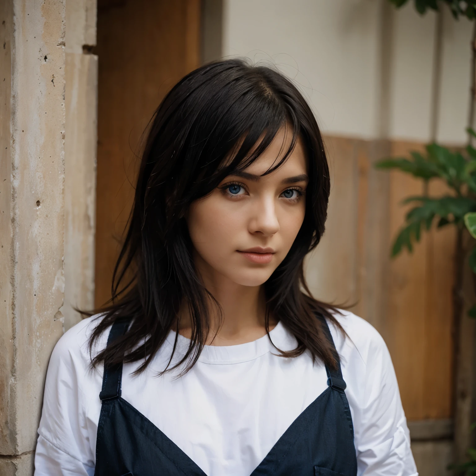 Girl with black medium length hair and blue eyes