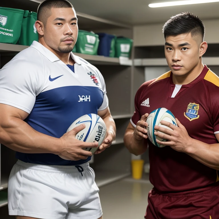 inside club locker room, facing each other, (rugby uniform:1.2), Japanese man, Chinese man, Korean man, Taiwanese man, manly face, round face, monolid eyes, (buzz cut:1.4), very large and strong body, bulging muscles, very large pectoral muscles, muscular arms, muscular abs, muscular legs, muscular back, brightens oily skin, master piece, realistic, panorama, distant view