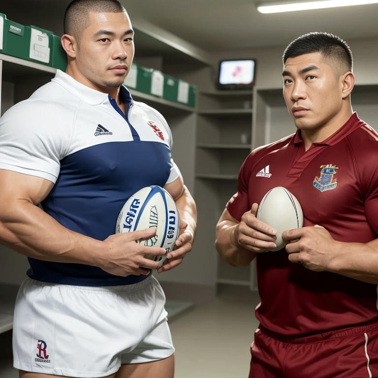 inside club locker room, facing each other, (rugby uniform:1.2), Japanese man, Chinese man, Korean man, Taiwanese man, manly face, round face, monolid eyes, (buzz cut:1.4), very large and strong body, bulging muscles, very large pectoral muscles, muscular arms, muscular abs, muscular legs, muscular back, brightens oily skin, master piece, realistic, panorama, distant view