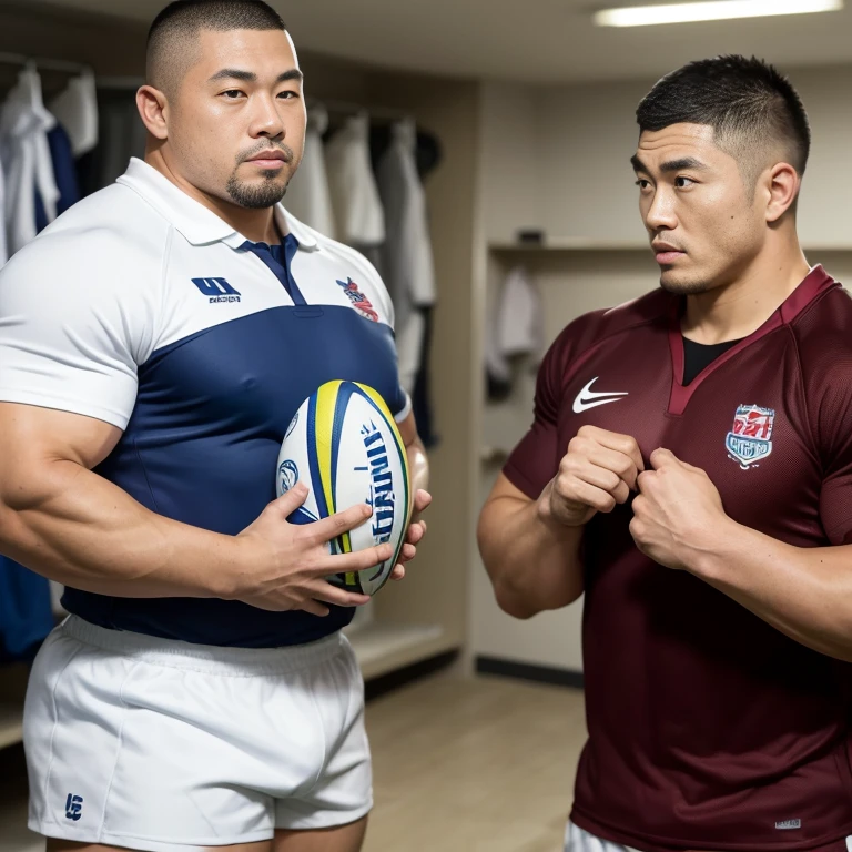 inside club locker room, facing each other, (rugby uniform:1.2), Japanese man, Chinese man, Korean man, Taiwanese man, manly face, round face, monolid eyes, (buzz cut:1.4), very large and strong body, bulging muscles, very large pectoral muscles, muscular arms, muscular abs, muscular legs, muscular back, brightens oily skin, master piece, realistic, panorama, distant view