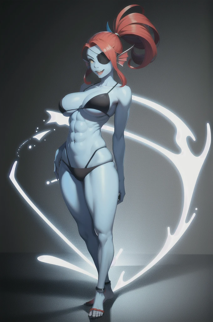 (Masterpiece, Best Quality, High Quality, Highres:1.4), Detailed, Extremely Detailed, Ambient Soft Lighting, 4K,

Black Background, Simple Background, 

1Girl, (Solo:1.4), (Blue Skin:1.6), Standing, full Body, (undyne:1.2), 

(Red Hair:1.2), High Ponytail, Head Fins,  

(Yellow Sclera, Slit Pupils:1.2), (Eyepatch:1.2),

Smile, White Teeth, Sharp Teeth, Open Mouth, 

Black Bikini, Black Panties, 

Large Breasts, Abs, nude nsfw lewd 