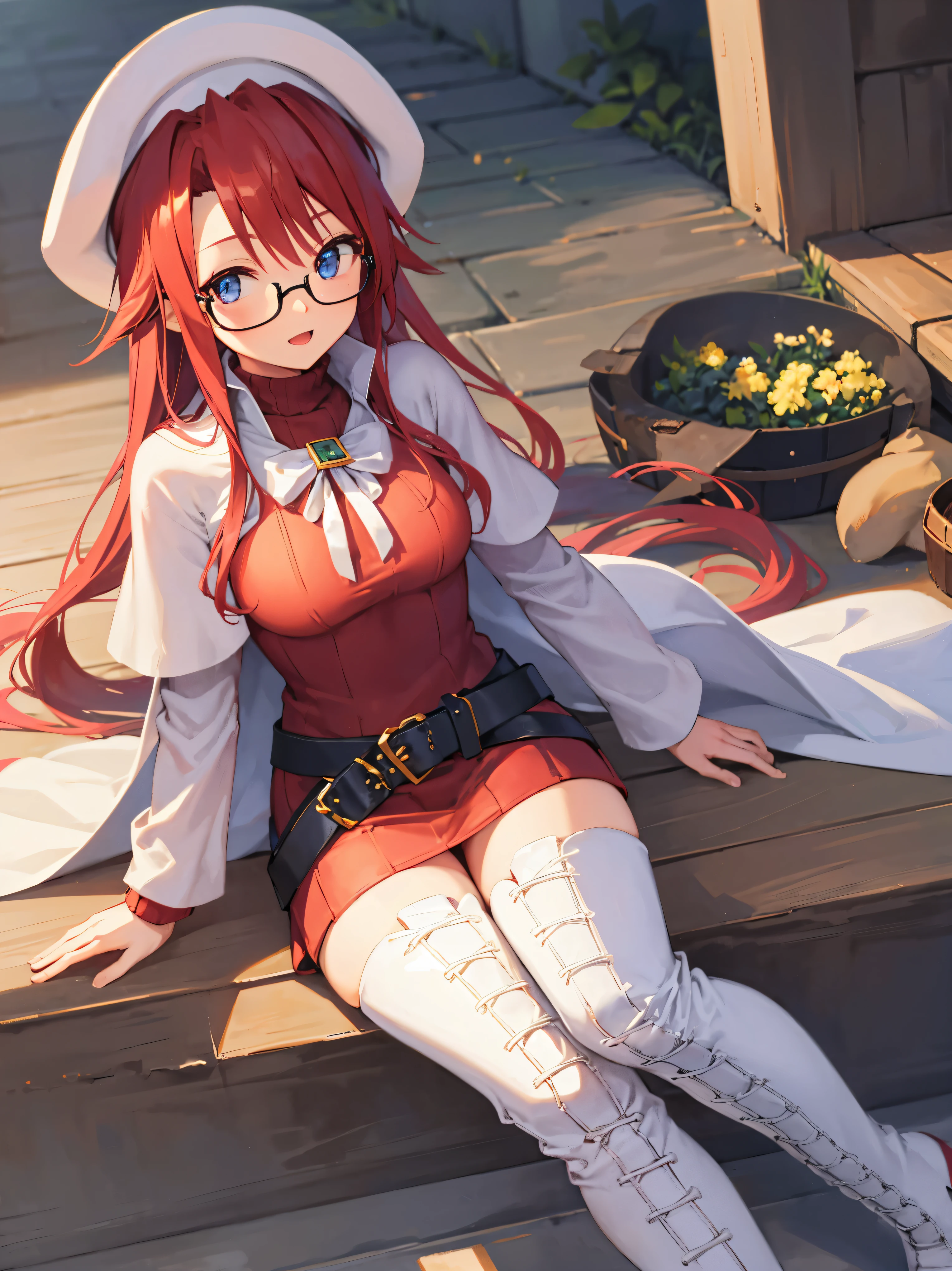 summonnightaty, aty, long hair, blue eyes, red hair, beret, hat, glasses,
BREAK long hair, thighhighs, hat, dress, boots, glasses, belt, cape, sweater, zettai ryouiki, beret, thigh boots, white footwear, ribbed sweater, loose belt,solo,
BREAK outdoors, fantasy_town,
BREAK (masterpiece:1.2), best quality, high resolution, unity 8k wallpaper, (illustration:0.8), (beautiful detailed eyes:1.6), extremely detailed face, perfect lighting, extremely detailed CG, (perfect hands, perfect anatomy),covered_nipples,covered_navel,light_smile ,walking,(half_eyes:1.2),light_open_mouth,sword,armpit,sleepy,sitting_on_the_barrel,barrel,red_sweater,