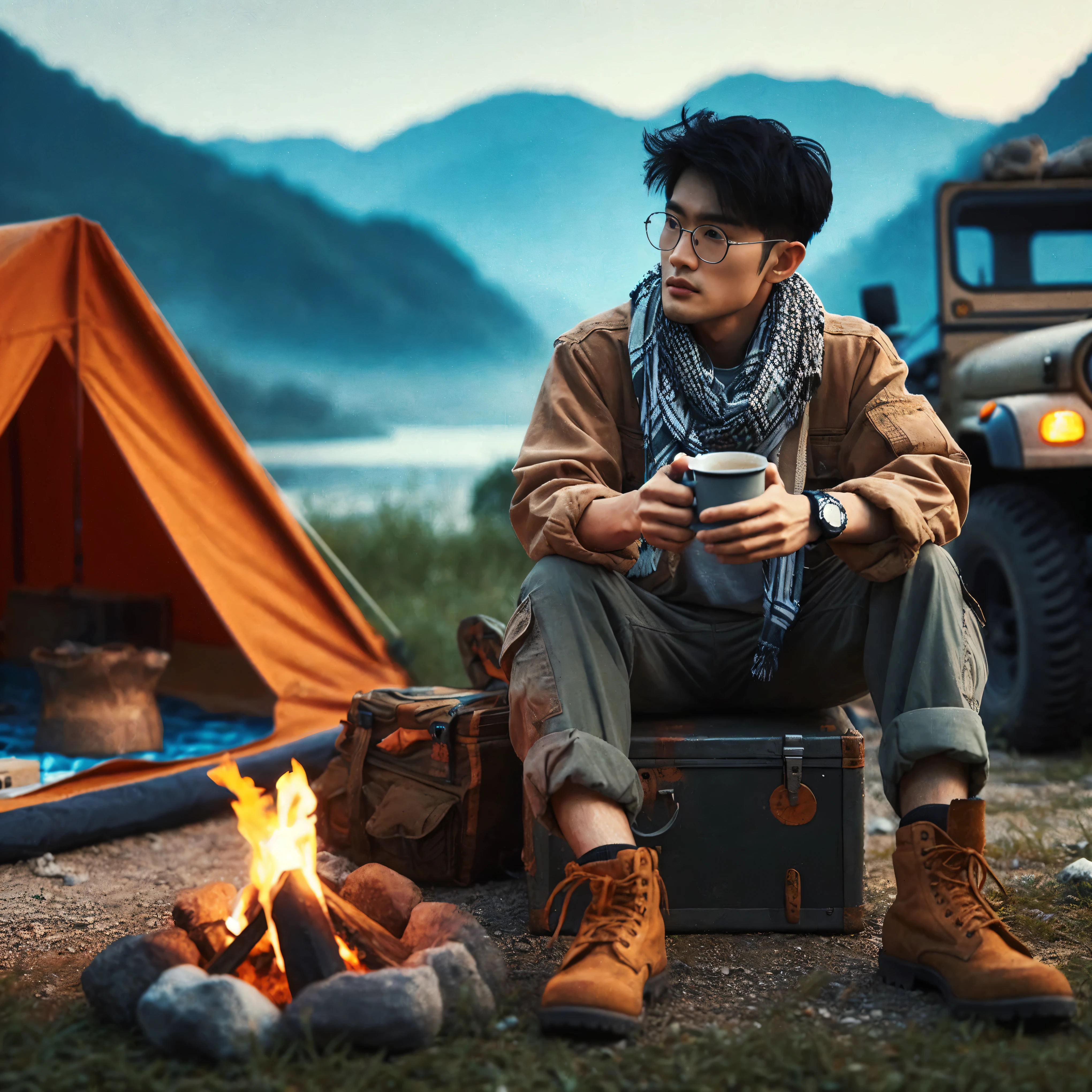 there is a man sitting next to a campfire with a cup of coffee, hiking clothes, outdoor fine photography, cinematic. by leng jun, camping, travel and adventure, portrait shot, adventuring gear, medium shot portrait, wearing adventuring gear, mid shot portrait, asian male, wearing adventure gear, adventure gear, trending on pexels, photo portrait