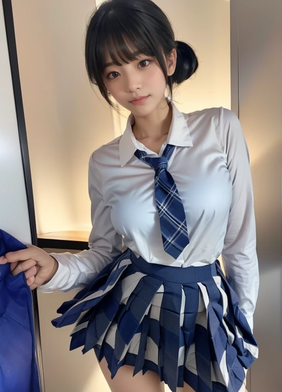 (masterpiece:1.3), (8k, Realistic, RAW Photos, Best image quality: 1.4), Japanese, (1 girl), Beautiful Face, (A vivid face), (short hair:1.3), Beautiful Hairstyles, Realistic eyes, Beautiful Eyes, (Realistic Skin), Beautiful Skin, charm,Big Breasts、School、(Shooting from a distance、Beautiful legs、whole body:1.7)、(Look at this、He turned his body towards me.、front、forward leaning posture、munechira:1.3)、(The bra is slightly visible、Brasilia:1.3)、(White shirtを着ている、Round Neck Shirt、A shirt with a slightly open chest、White short sleeve shirt、White shirt:1.8)、(Cleavage:1.2),smile、smile、Beautiful fingers先、(Japanese オフィス lady,beauty:1.5)、(Black spats、White shirt、Tight shirt、Clothing that emphasizes your body line),(The edge of the bra is slightly visible、Exposed breasts:1.3)、(Hospital room、hospital、Health Room:1.2)、(女子high school student、high school girl、high school student、Wearing a high school uniform:1.4),(Unbutton your blouse、White shirt、White collared shirt,Cleavage、Teal and grey checked skirt、Fine plaid、The bra is slightly visible:1.7),(Lace bra、Wear a skirt made of material other than lace、レース素材ではないWear a shirt:1.5)、Sitting、(I can see your pants、Lace panties、I can see your crotch:1.6)、Anatomically correct、(Wear a shirt、Wearing a pleated skirt:1.8)、(Put on a shirt、Tucking the shirt into the skirt:1.3)、(Anatomically correct手の構造、Anatomically correct指の構造、Delicate fingers、Beautiful fingers、Delicate fingers)、(White shirtを着て、White collar shirt、White Sleeve Shirt:1.5)、Well-proportioned face、cute、beauty、good looking、Balanced