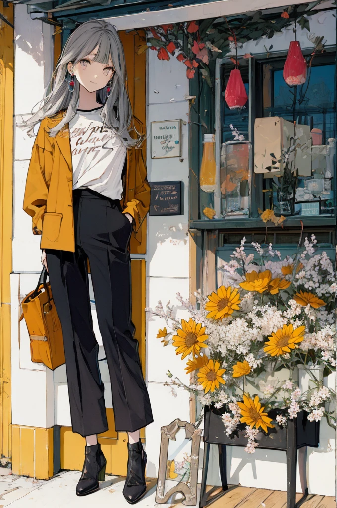 (masterpiece:1.2), highest quality,pixiv,sweet girl , 1 girl, flower, cup, have, bob hair, gray hair, bag, high heels, food, jewelry, earrings, looking at the viewer, smile, holding, long hair, inner color、alone, fruits, pants style， flower柄のshirt、handbag, gray eyes, Colorful shoes, bird, yellow flower, envelope, english text, full body, white flower, shirt,Are standing, cherry blossoms、colorful background、