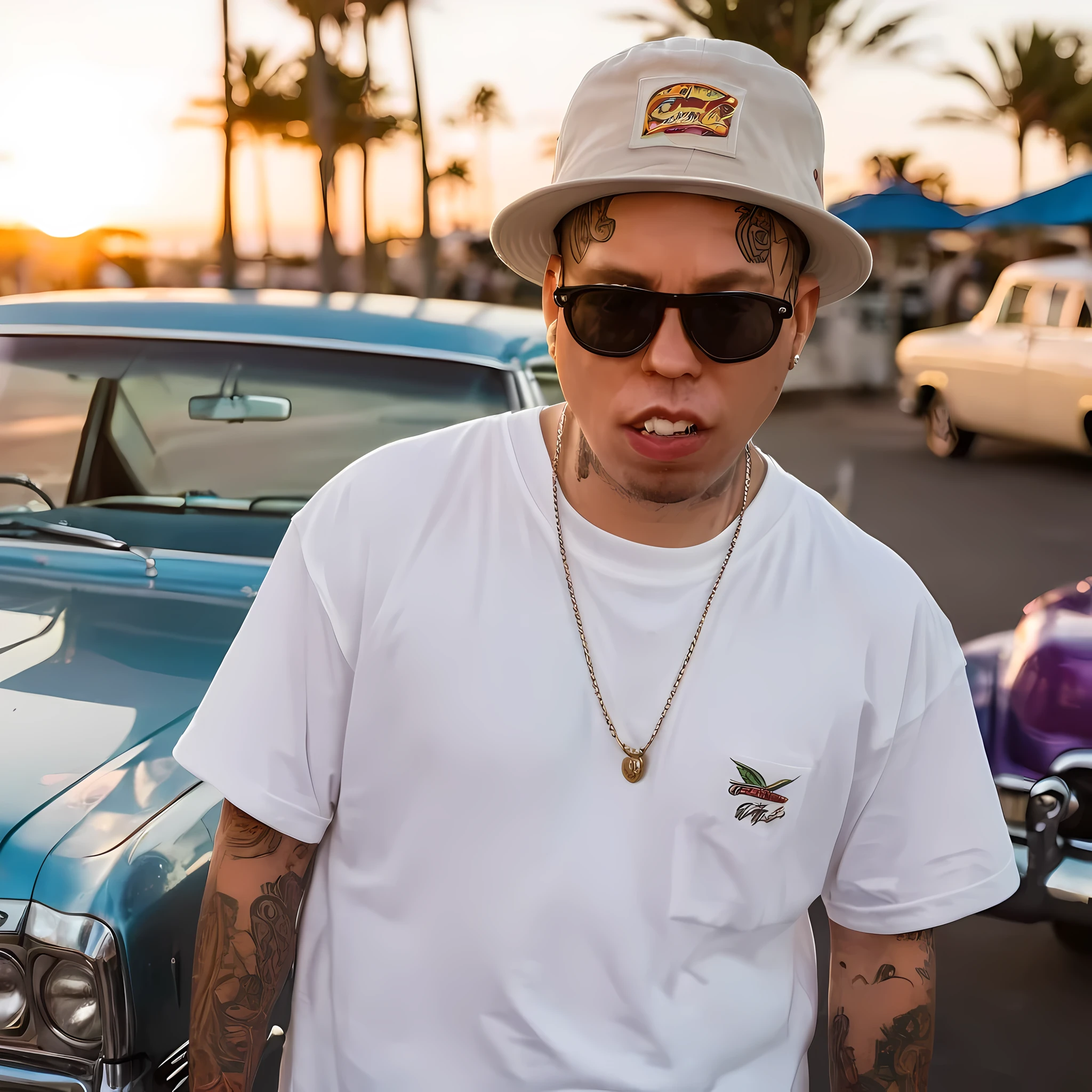 coopie, a 90s style west coast gangster with tattoos on face, tattoo over left eye, wearing white t-shirt, bucket hat, baggy tan khaki pants, white sneakers, face tattoos, neck tattoos, full body, tattoos, wearing a beanie and sunglasses, snarled lip, raised eyebrow, aggressive look, lowriders in the background, lowrider bikes in the background, depth of field, god rays, masterpiece, highres, super detail, accurate, no red, no blue, no purple, no yellow, palm trees, beach sunset, multiple views