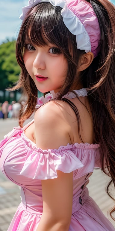 Canon RF85mm f/1.2,masterpiece,best quality,ultra highres,vc,1 girl,(korean mixed,kpop idol:1.2),solo,white_shiny_skin,black eyes,necklace,((brown_long_wavy_hair)),((pink_shiny_lips)),eyelashes,bangs,aface,make-up,shiny,Pore,skin texture,bracelet,offshoulder,see-through,big breasts,cosplay,pov,natural lighting,1girl,solo,
pink ****ta_dress,standing,bonnet,
crowd,cosplay,blur,blurry,blurry background,nsfw,
