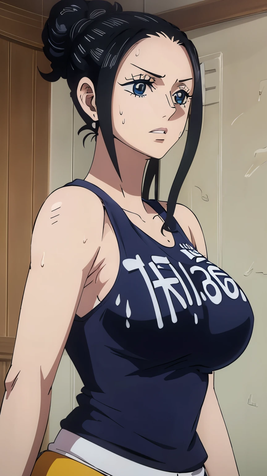 a close up of a person wearing a basketball uniform, a picture, inspired by Kentaro Miura, trending on pixiv, kugisaki nobara, wearing yellow nba jersey, yellow tanktop nba jersey, wearing a low cut tanktop, wearing tanktop, tanktop, golden raito, (winking), shirobako, large)}], favorite scene, fine details. anime. skins, sweating, big breasts, two hands up, armpits, armpits visible, dripping with sweat, more more sweat