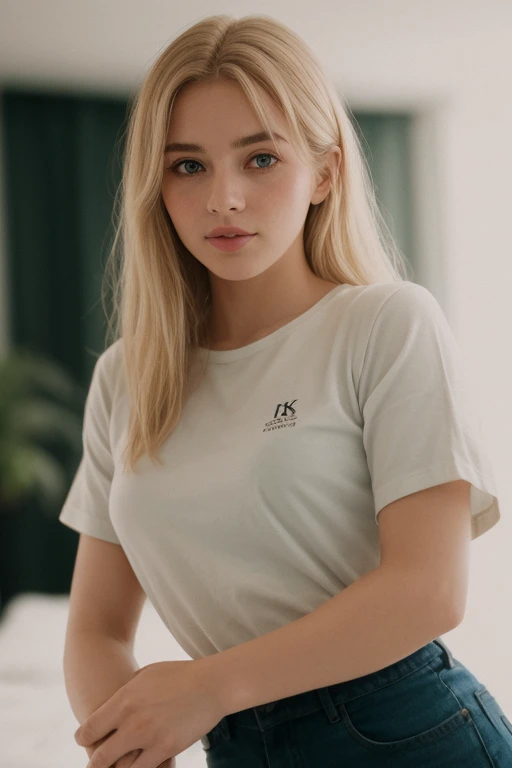 foto cruda, retrato de una hermosa mujer rubia con una camisa roja (piel muy detallada:1.2), 8k hd, DSLR, soft lighting, alta calidad, film grain, Fujifilm XT3