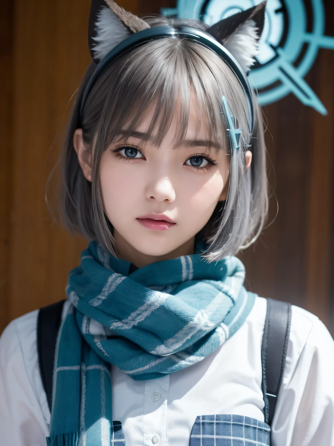 checkered clothes, aqua blue checkered skirt, , skirt, aqua blue scarf, break,
((from front, Face)), wariza, (beautiful japanese girl), (Shot with Canon EOS 5D Mark 4 and Canon EF Lens 180mm F2.4L lens, F value 2.4, ISO 50, shutter speed 64), beautiful and fine eyes, perfection , perfection, roll your eyes, detailed face, fine eyes, excellent quality, masterpiece, very detailed, Advanced level of detail, many details, high quality, cinematic light, real hands, (super realistic:1.3), high school student , perfect eyes, detailed skin, skin blemish, 156cm toll, lip gloss, break,
shiroko, animal ears, blue eyes, grey hair, hair ornament, hairpin, ((halo)), ((short hair)), wolf ears, break,
