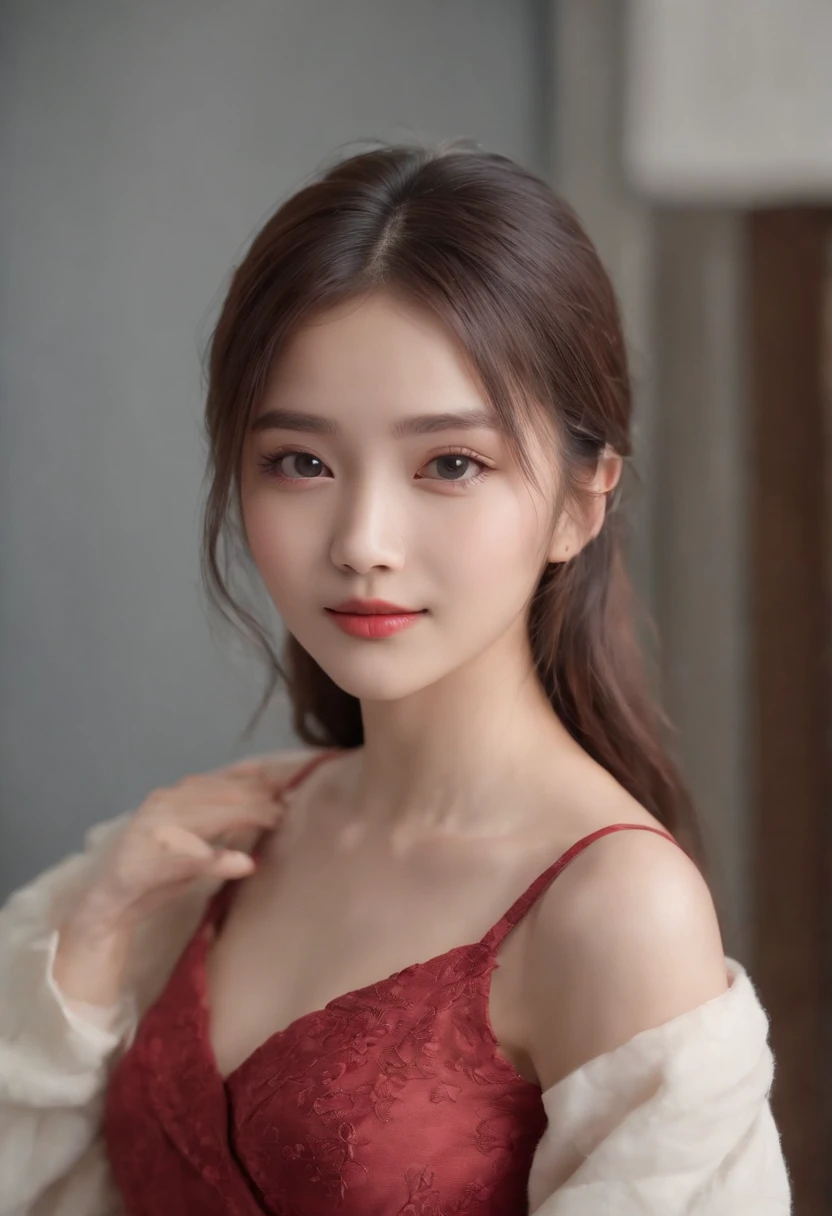 top quality, Realism, Masterpiece, 8K, high resolution, solo, 1 girl, (((infp young woman))),sixteen years old、Full body female love、(small tits), ((look at the audience)), (look at camera), ((Various hairstyles for long hair))、Perfect black straight hair、((Have bangs))、 (professional lighting), Highly detailed bright faces、gentle japanese girl、cute smile、red dress(long sleeves)、standing in the room