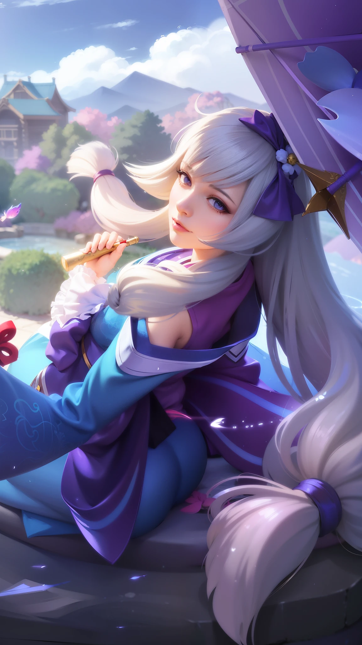 anime girl with long white hair sitting on a rock with a purple umbrella, portrait of ahri, ahri, official splash art, seraphine ahri kda, ashe, splash art, extremely detailed artgerm, onmyoji portrait, artgerm lau, style artgerm, heise jinyao, iconic character splash art, akali