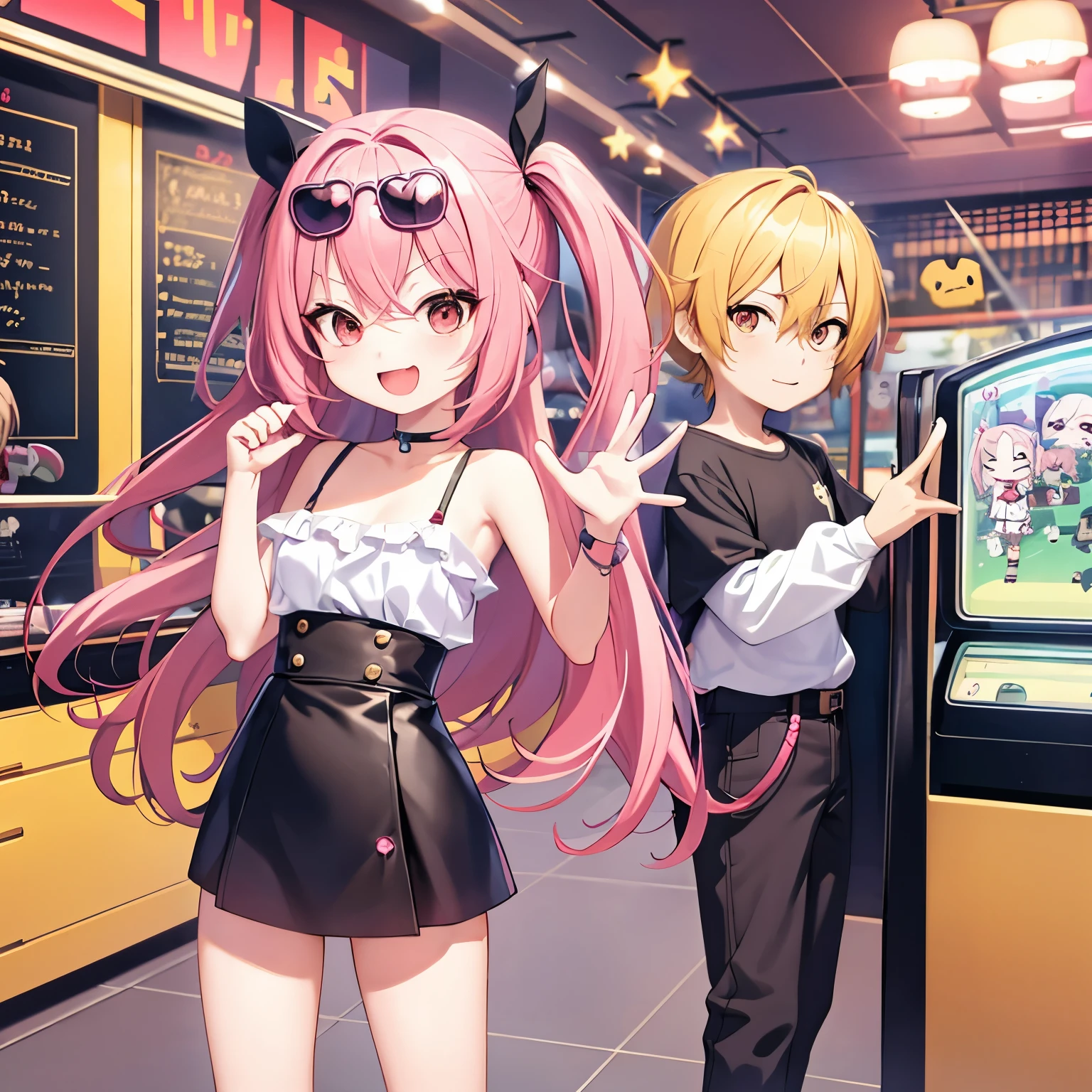 masterpiece, highest quality, male and female couple,Chibi, Full body Esbian,singing、 fun expression、pink hair girl、full body description, A boy with short brown hair and sunglasses、cartoon bones,Chibikyara, Men and women in anime, cowboy shot,Game room, side lock, laughter, dynamic pose,