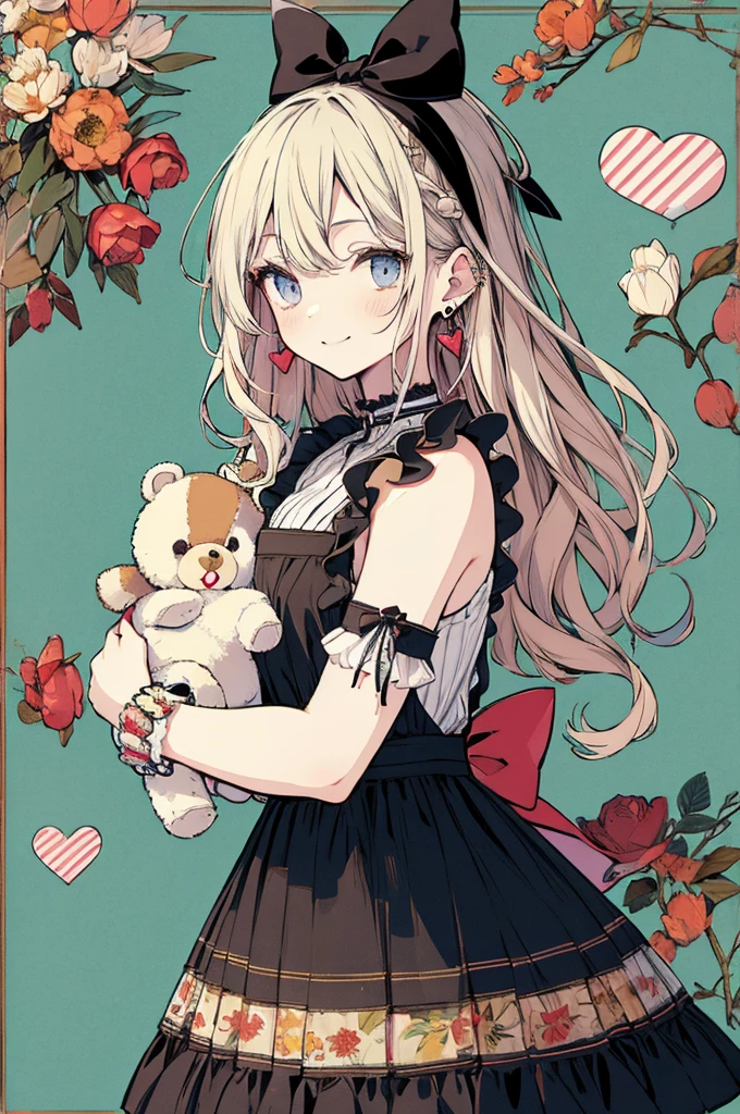 (masterpiece:1.2), highest quality,pixiv,sweet girl portrait, 1 girl, teddy bear, うさぎのstuffed toy, stuffed toy, alone, holding, have, holding stuffed toy, heart, bow, hair ornaments, sign, earrings, jewelry, Upper body, striped, Black headband, looking at the viewer, have bow, closed mouth, bangs, bare shoulders, hair between eyes, box,, brand hair, striped bow, gift, blue eyes, garden background, Alice, chocolate, ribbon, Braid, nail polish, shirt, wrist cuffs, gift 箱, black bow, Blue dress, white apron、two tone background, vertical stripes, hair ring, smile, long hair 、full body、Are standing、