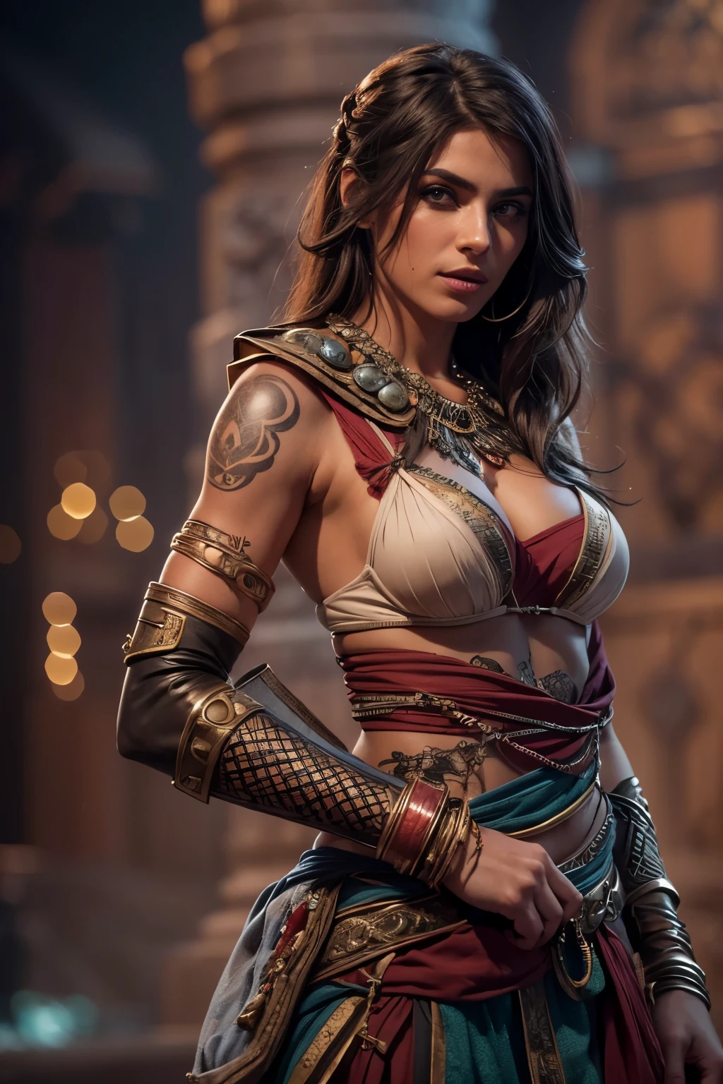 (best quality,ultra-detailed,realistic:1.37),(HDR,UHD,studio lighting),(portraits),(vivid colors),(warm color tones),(soft,moody lighting),(sharp focus),(bokeh),Kassandra,Assassin's Creed Universe,Kassandra's stunning face,Kassandra's piercing eyes,Kassandra's alluring gaze,Kassandra's seductive lips,Kassandra's flowing hair,Kassandra's confident and provocative smile,mysterious atmosphere,dark and gritty background,tattoos on Kassandra's body,ornate assassin gear,fierce and powerful stance,sparkling jewelry,dramatic lighting to accentuate facial features,subtle makeup,subtle hints of smoke or mist,nighttime setting,embers glowing in the background,subtle moonlight bathing the scene