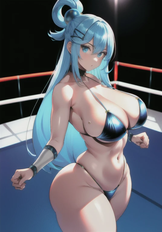 (masterpiece:1.2, best quality:1.2, beautiful, high quality, highres:1.1, aesthetic), detailed, extremely detailed, ambient soft lighting, 4K, perfect eyes, perfect face, perfect lighting, 1girl, long hair, solo, Aqua, kono subarashii sekai ni shukufuku wo 1girl, blue eyes, blue hair hair ornament, hair rings, solo, , huge , huge thighs, narrow waist, wide , thick thighs, curvy, cleavage, , , arms in at fighting stance,, looking at viewer, boxing ring, simple background, (best quality), ((masterpiece)), (highres), original, perfect female body, perfect , perfect , perfect  perfect hands, extremely detailed wallpaper,shiny, chromatic aberration abuse, vivid color, (highly ultra detailed face and hair and skin and eyes and finger and background and hair:1.2)
