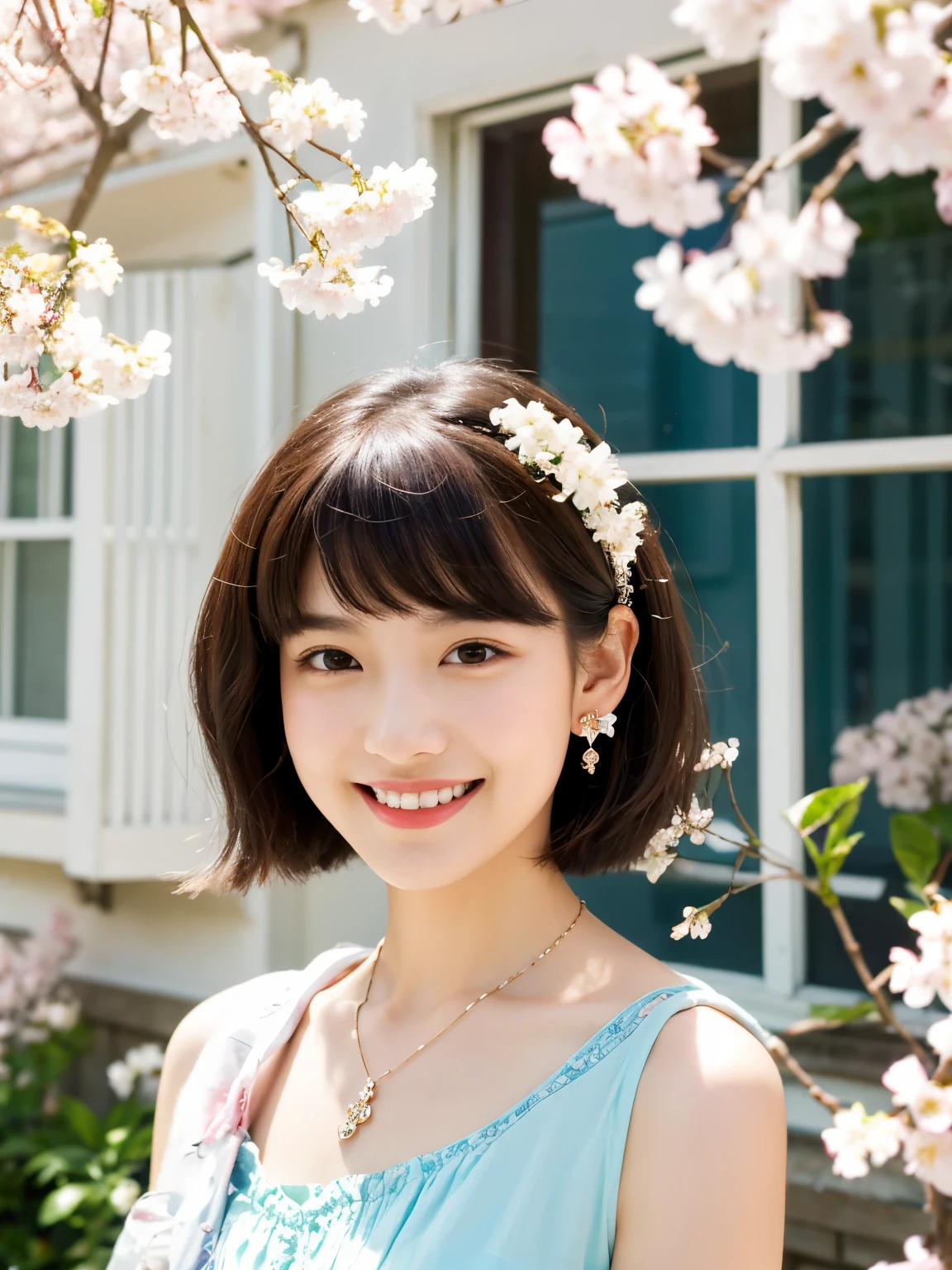 masterpiece, best quality, High resolution,1 girl,short hair，hair accessories，necklace，earring，Refined face，Smile，stand in front of the window，look out the window，cherry blossoms flying，spring