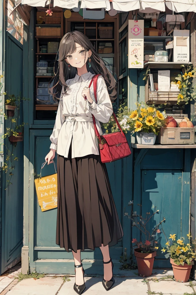 (masterpiece:1.2), highest quality,pixiv,sweet girl , 1 girl, flower, cup, have, Braid, brown hair, bag, high heels, food, jewelry, earrings, looking at the viewer, smile, holding, long hair, inner color、alone, fruits, fruits柄のパンツ, handbag, gray eyes, Colorful shoes, bird, yellow flower, envelope, english text, full body, white flower, shirt,Are standing,