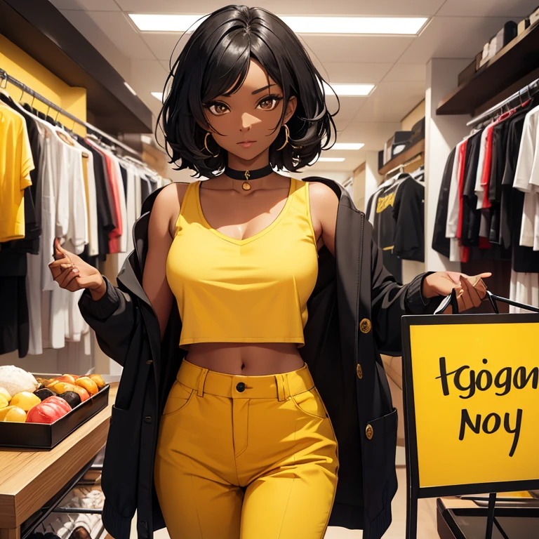 A black skin with black hair woman wearing a yellow top with black trouser inside a boutique with a sign at her side saying queen uc classic in english don't show body part cloth should cover 