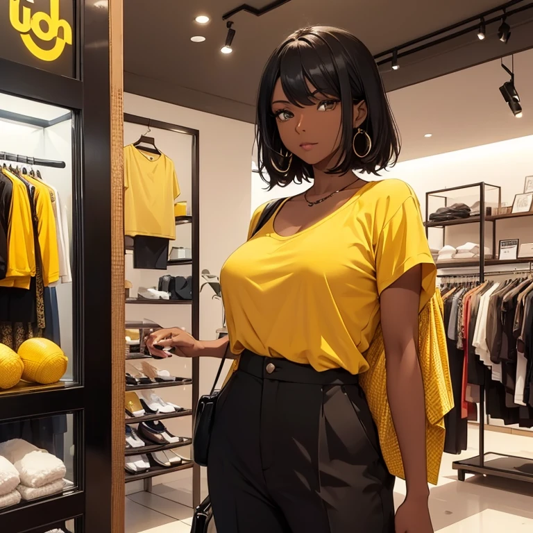 A black skin with black hair woman wearing a yellow top with black trouser inside a boutique with a sign at her side saying queen uc classic in english don't show body part cloth should cover