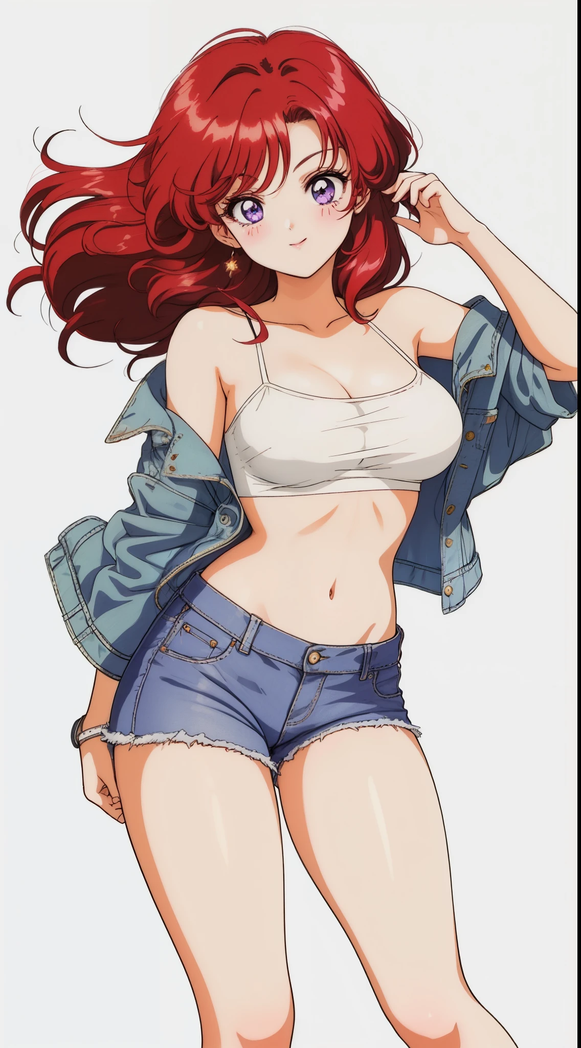 (Masterpiece, Best Quality, High Quality), (chibi), nishikino maki, volumetric lighting, illustration, purple eyes,beautiful,Blushing, breasts, seductive smile,perfect lighting, perfect shadows, red strapless tube top,off shoulder small jacket, navel, sexy jeans pants,watch, (breathtaking scenery:1.1),(her hair flying from the wind:1.3),(detailed hair strands),big breasts 